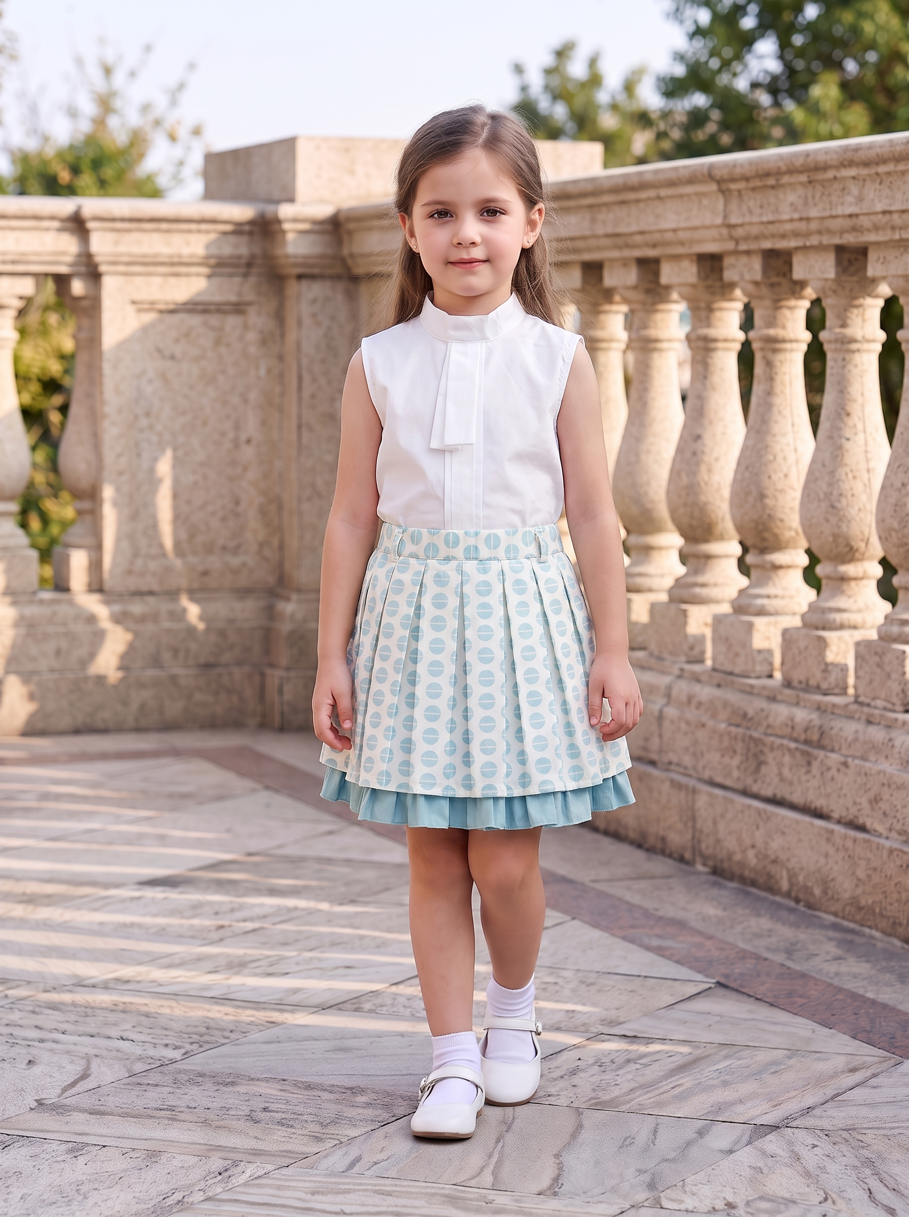 Girls 3-Piece Blazer Set – Jacket, High-Neck Top & Printed Pleated Skirt Outfit