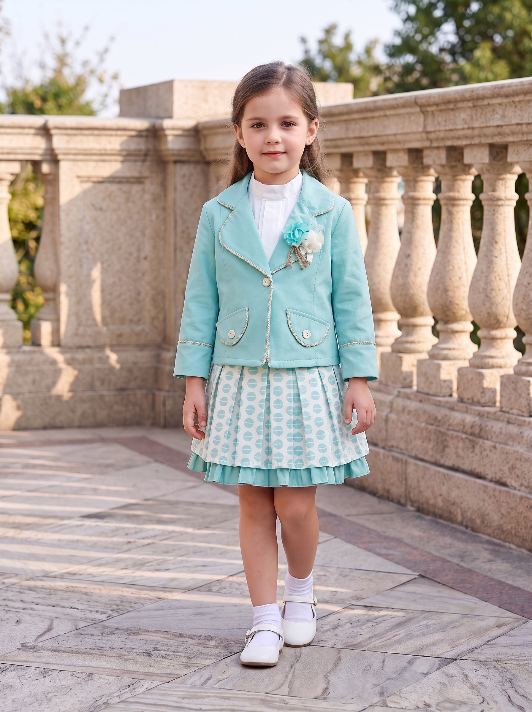 Girls 3-Piece Blazer Set – Jacket, High-Neck Top & Printed Pleated Skirt Outfit