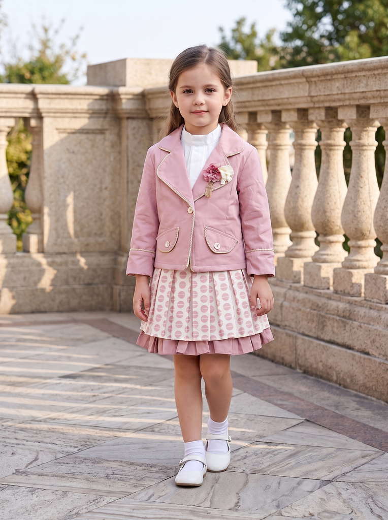 Girls 3-Piece Blazer Set – Jacket, High-Neck Top & Printed Pleated Skirt Outfit