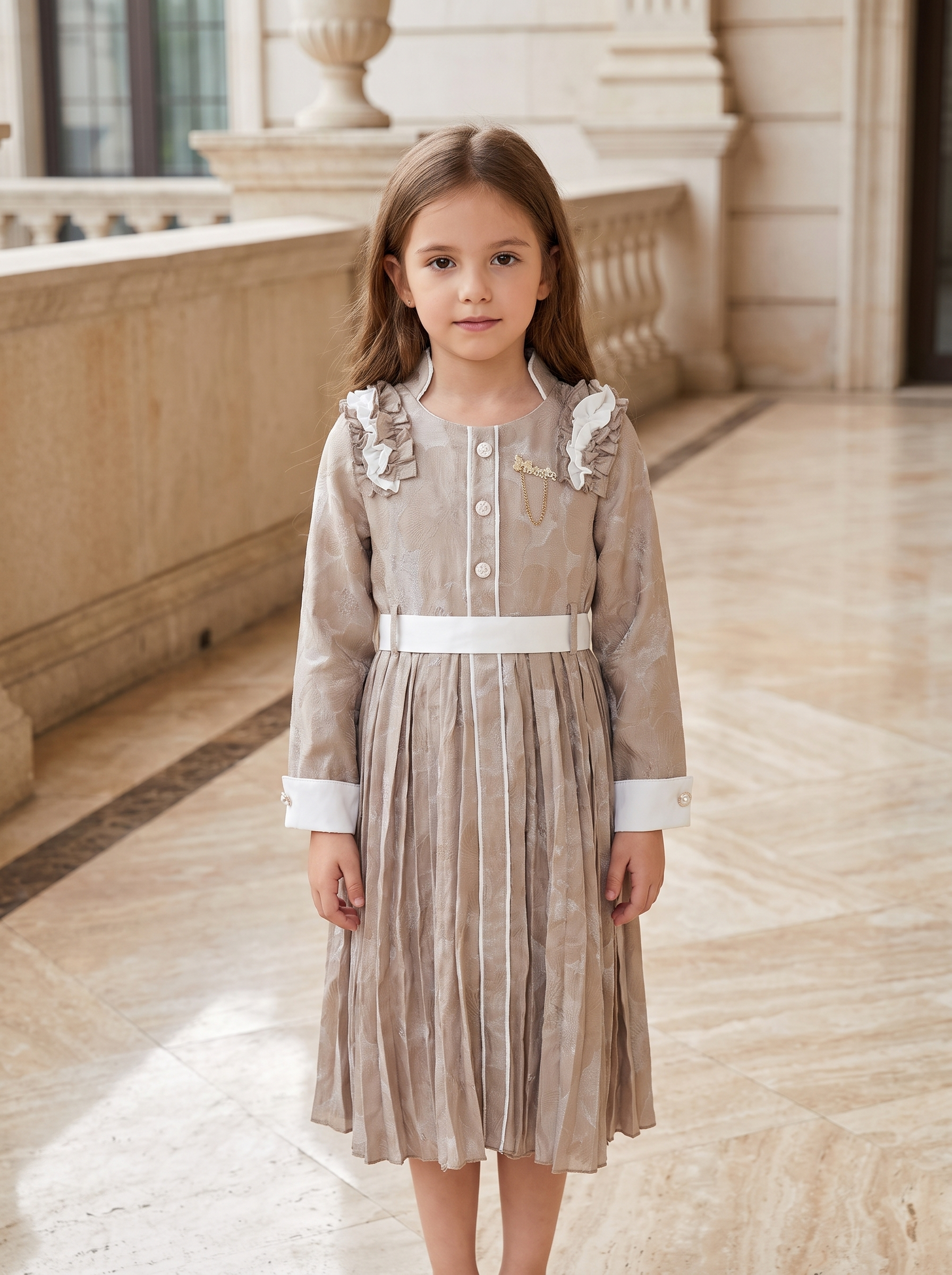 Girls Elegant Floral Jacquard Pleated Midi Dress with Satin Waist Tie & Ruffle Shoulder Detail