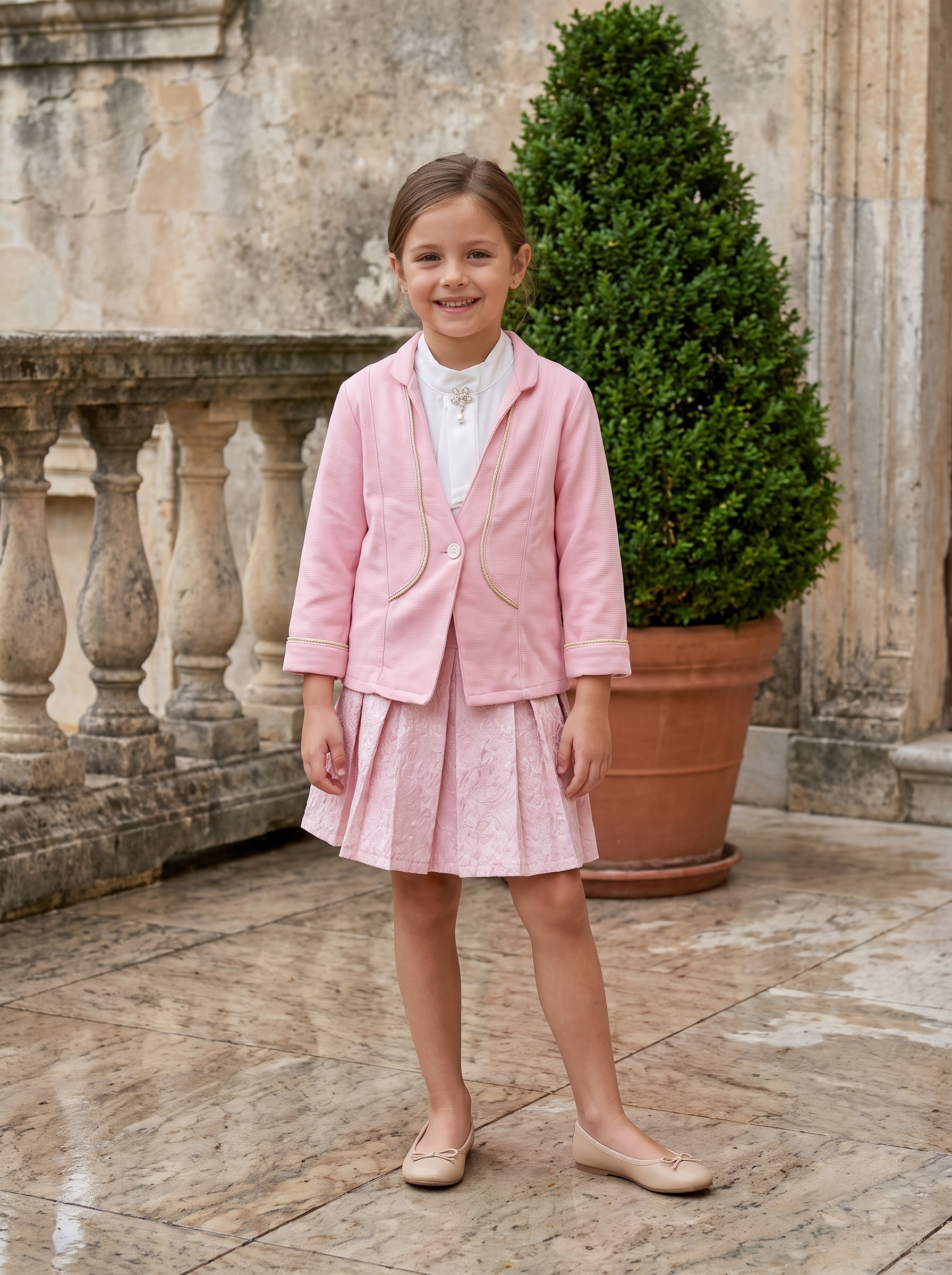 Girls 3-Piece Formal Blazer Set – Jacket, Sleeveless Blouse & Jacquard Pleated Skirt