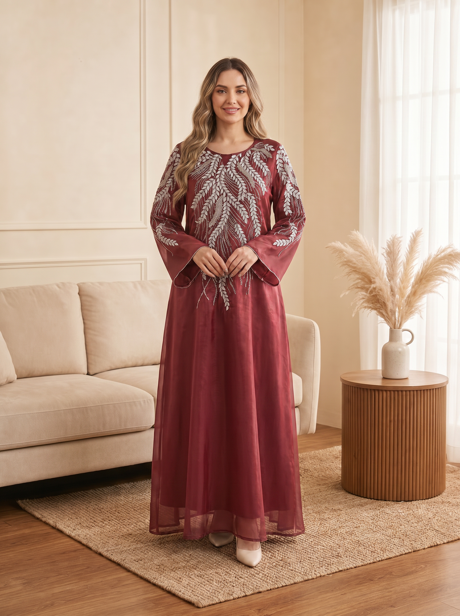 Embellished Elegant Dress with Silver Beaded Leaf Embroidery & Bell Sleeves | Modest Maxi Dress
