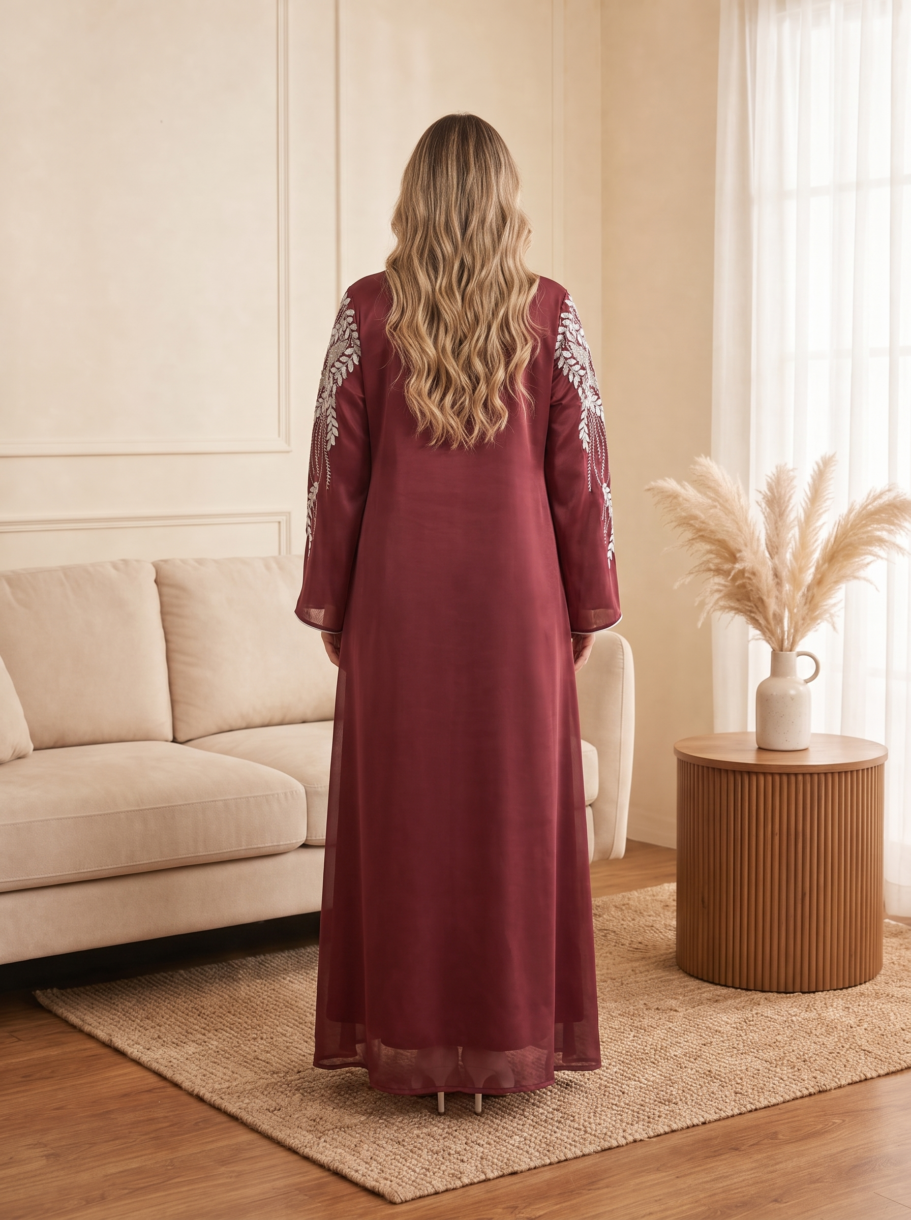 Embellished Elegant Dress with Silver Beaded Leaf Embroidery & Bell Sleeves | Modest Maxi Dress