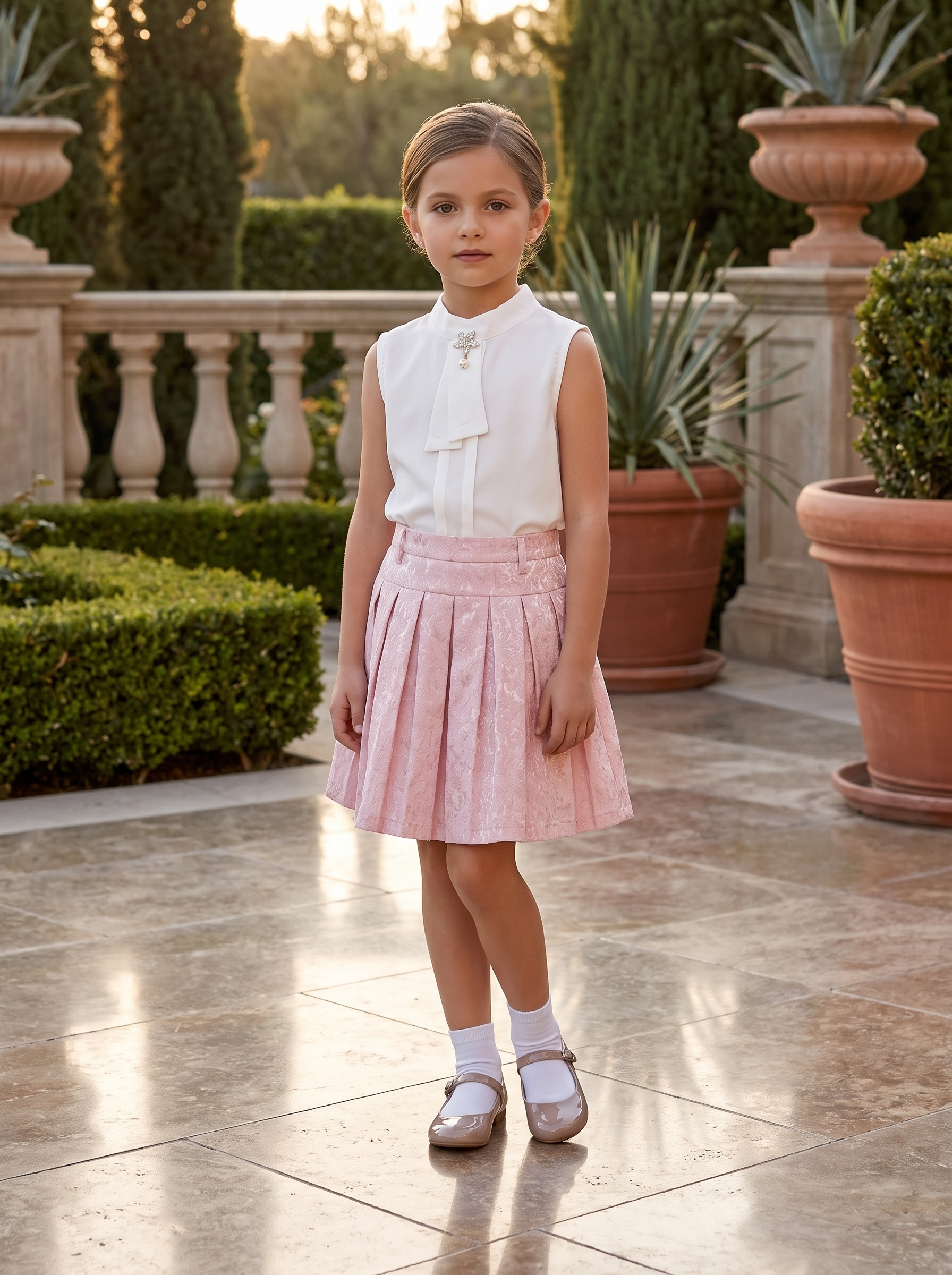 Girls 3-Piece Formal Blazer Set – Jacket, Sleeveless Blouse & Jacquard Pleated Skirt