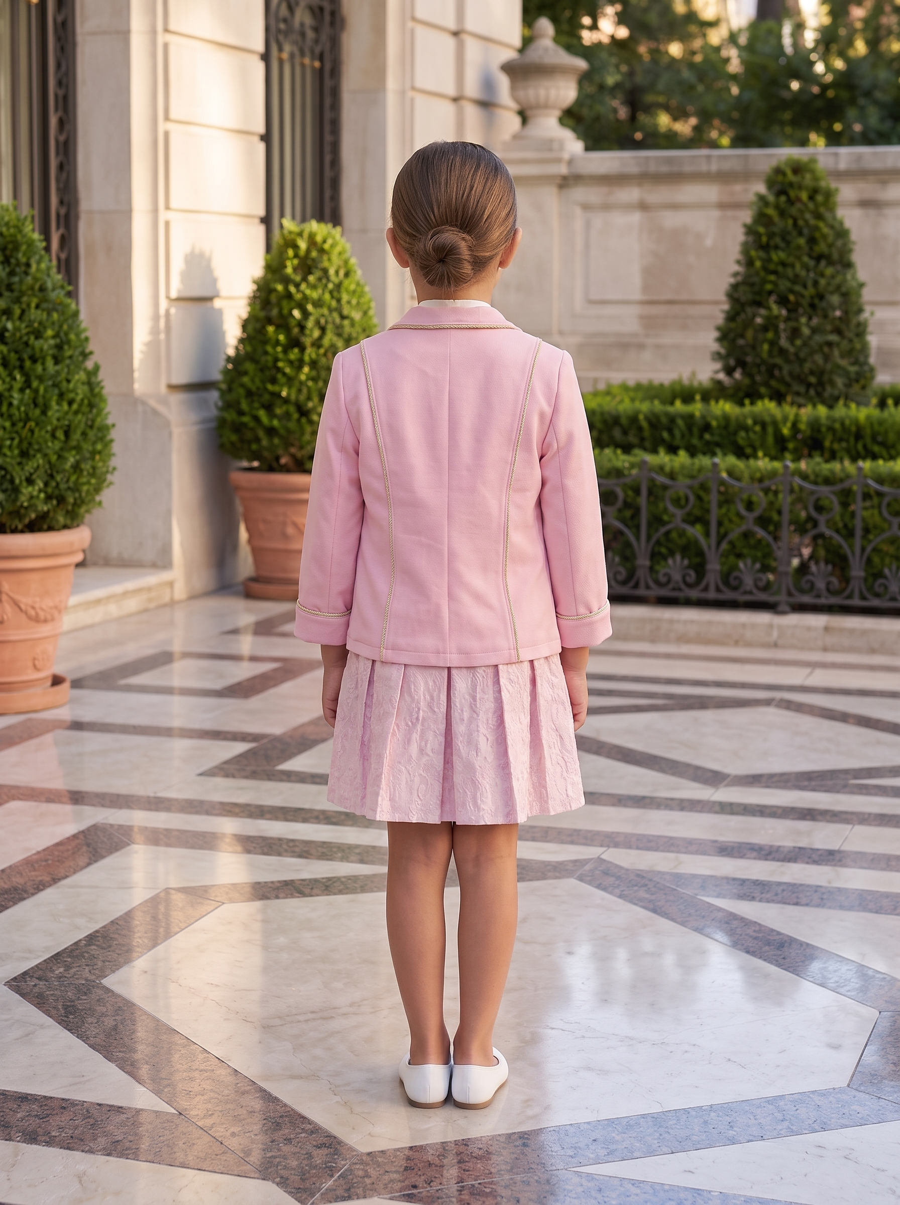Girls 3-Piece Formal Blazer Set – Jacket, Sleeveless Blouse & Jacquard Pleated Skirt