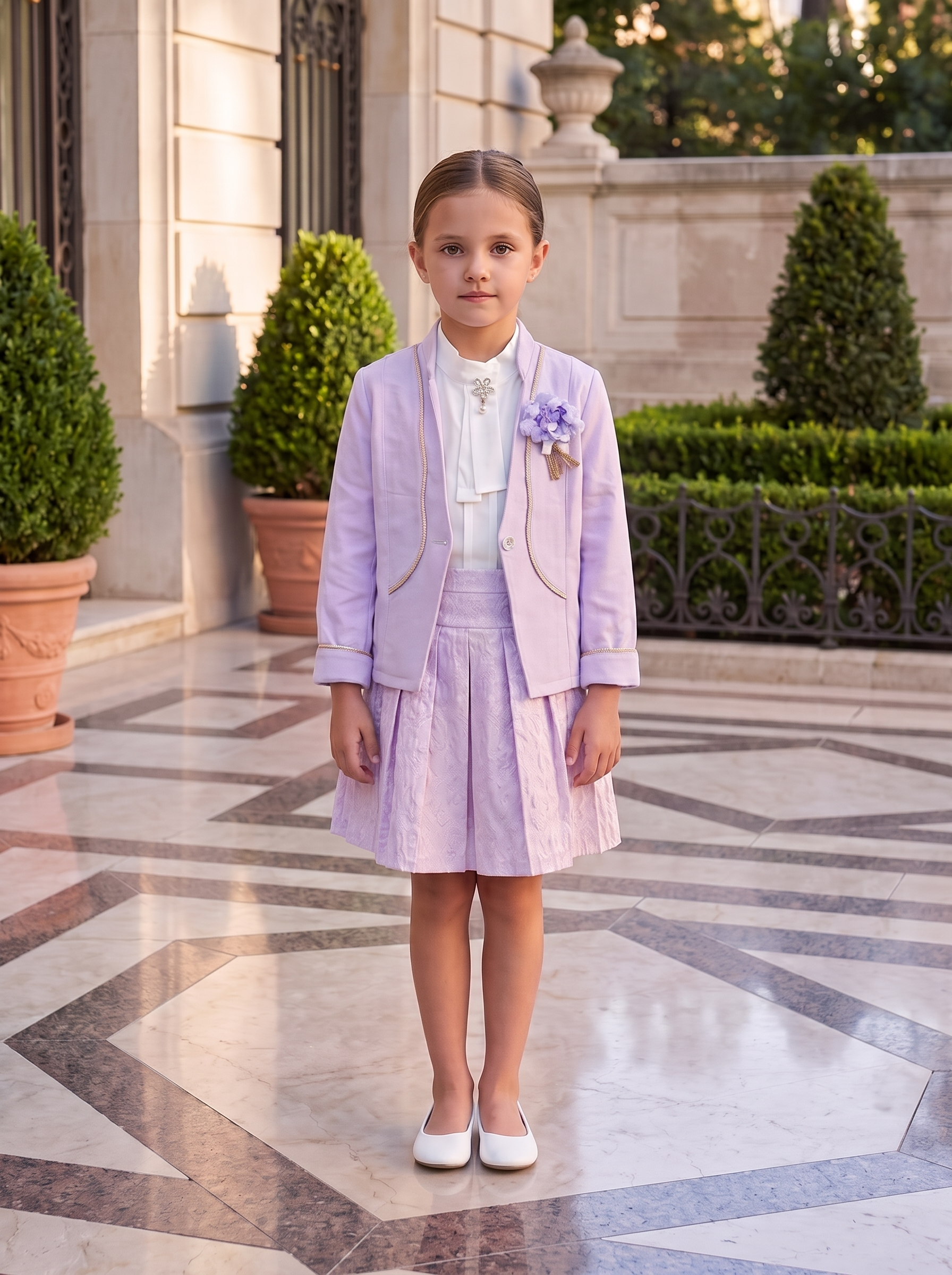 Girls 3-Piece Formal Blazer Set – Jacket, Sleeveless Blouse & Jacquard Pleated Skirt