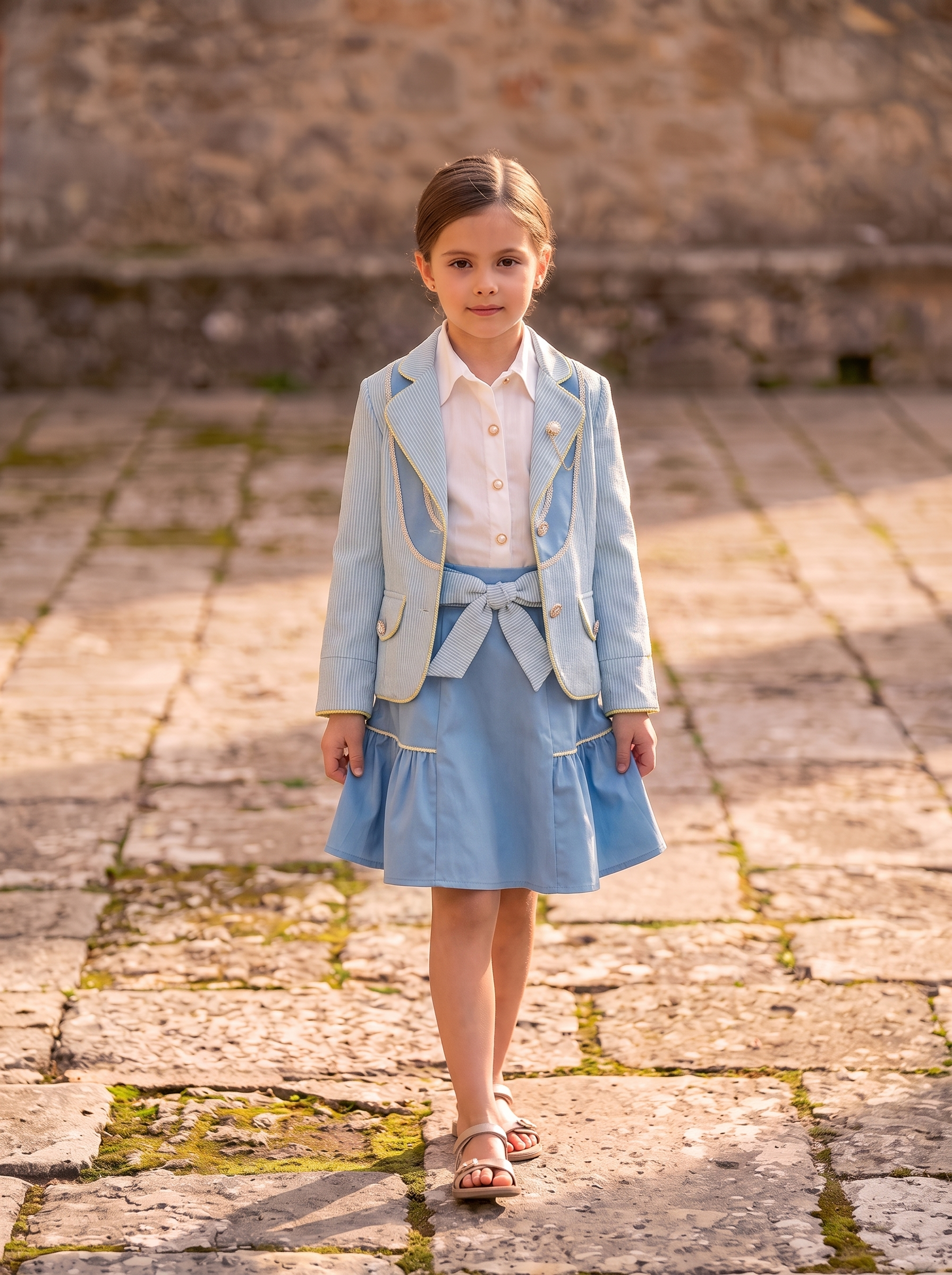 Girls 3-Piece Blazer Skirt Set – Pinstripe Jacket, Sleeveless Shirt & Bow Waist Skirt