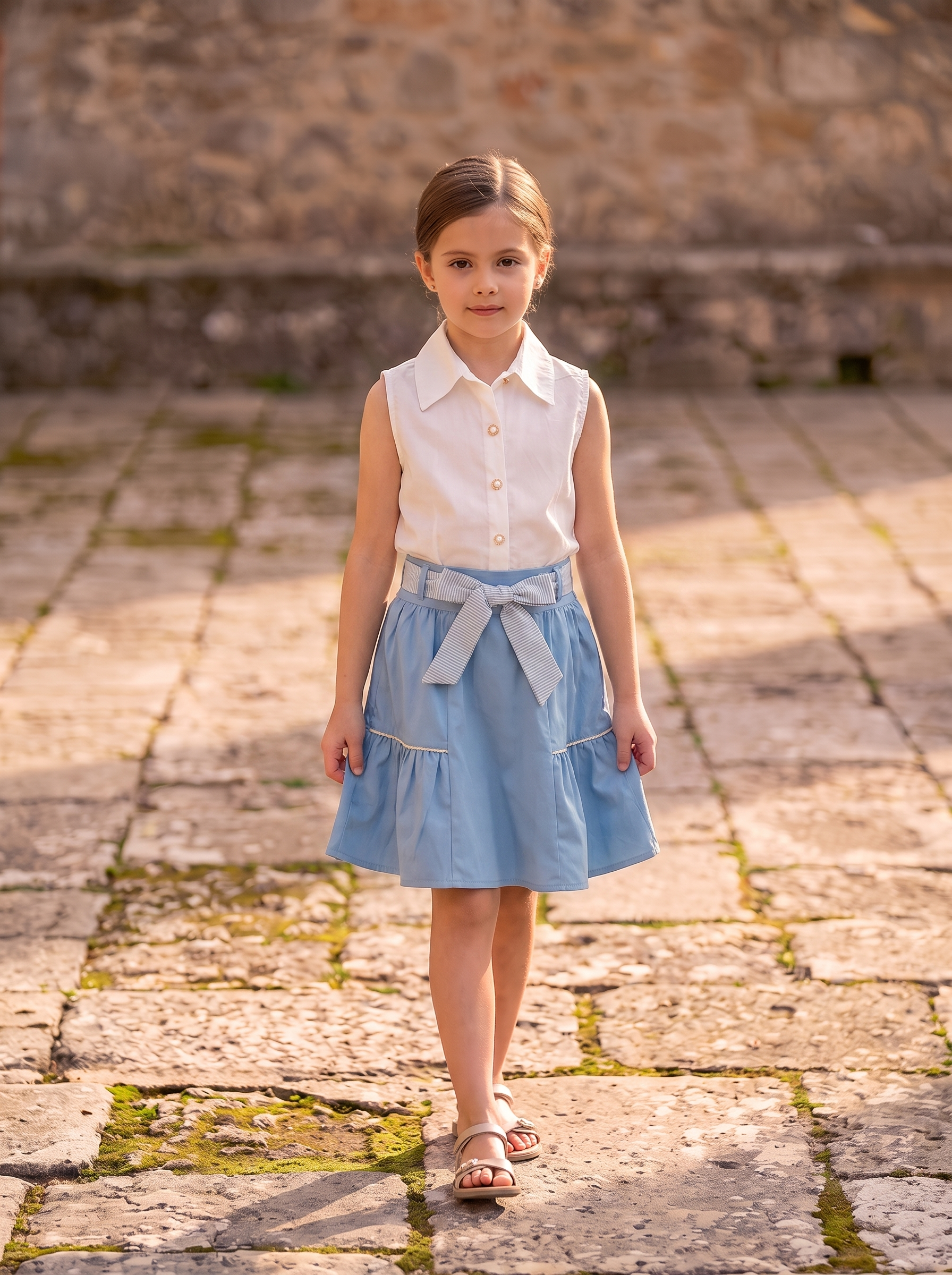 Girls 3-Piece Blazer Skirt Set – Pinstripe Jacket, Sleeveless Shirt & Bow Waist Skirt