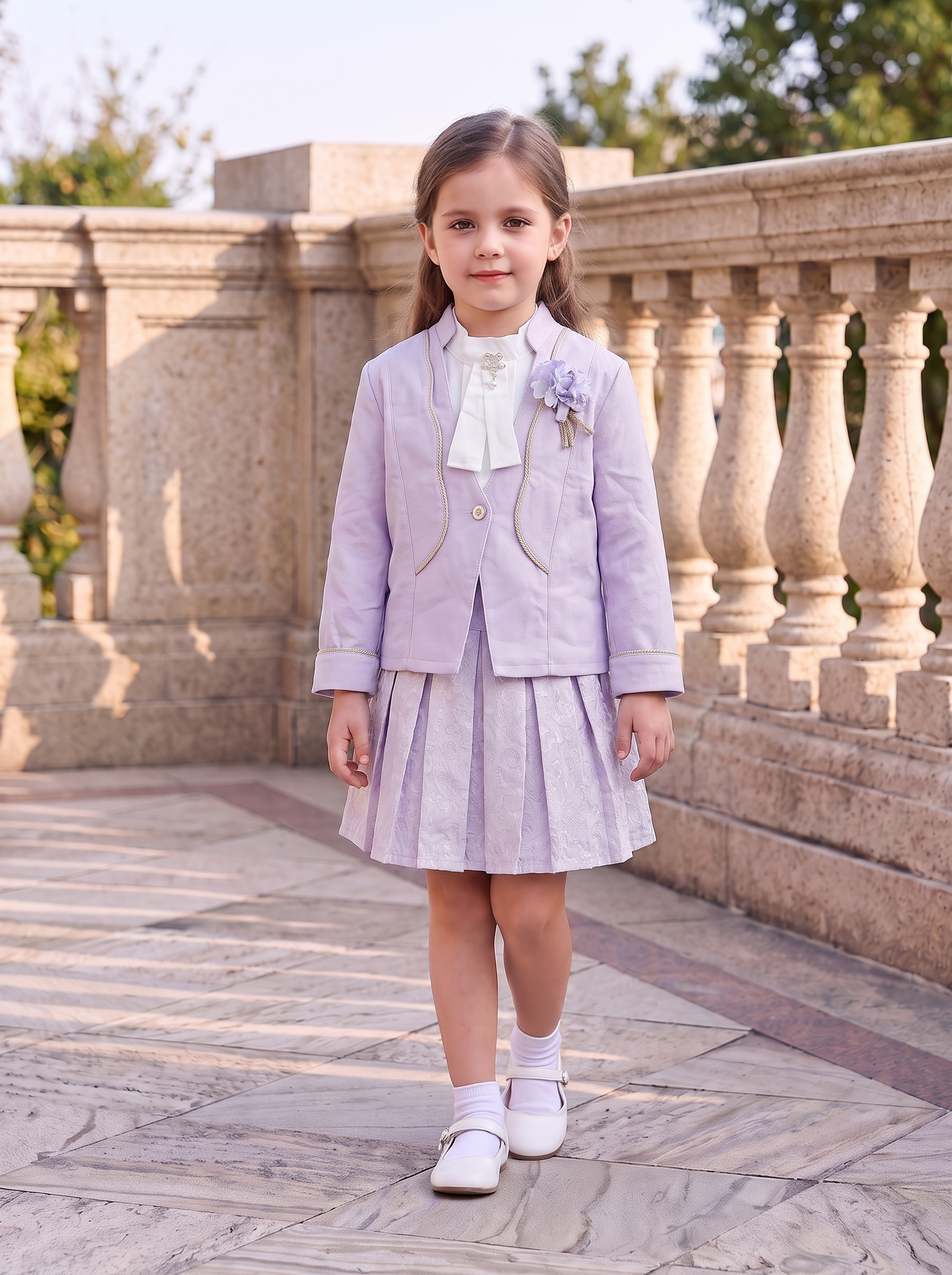 Girls 3-Piece Formal Blazer Set – Jacket, Sleeveless Blouse & Jacquard Pleated Skirt