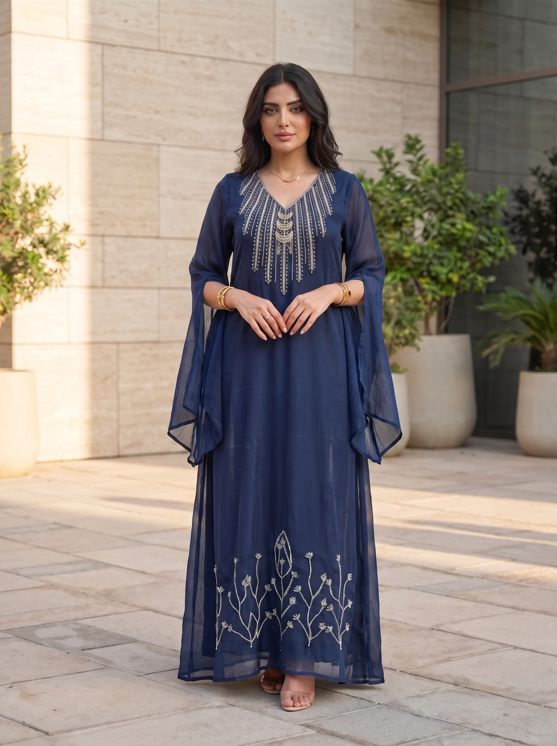 Women's Luxury Embellished Kaftan Maxi Dress with Beaded Embroidery
