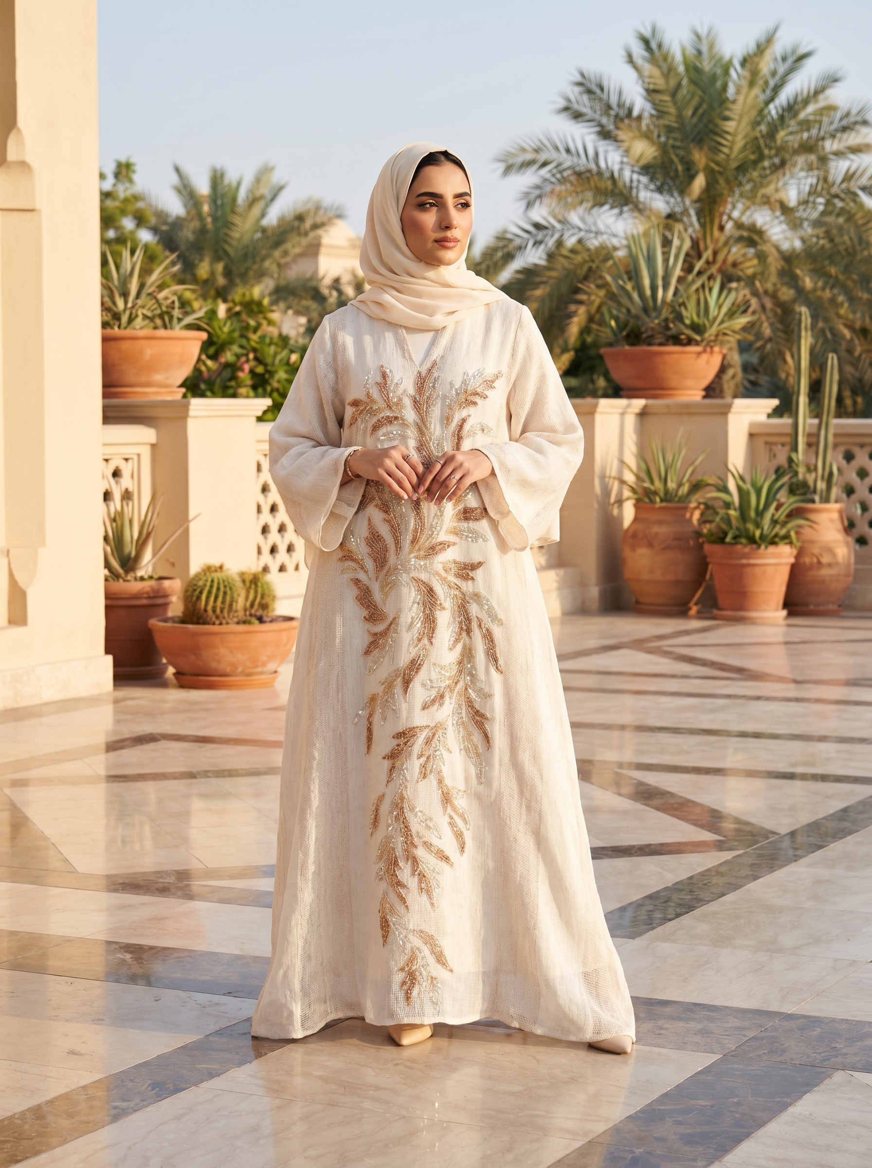 Women's Luxury Embellished Mesh Kaftan Maxi Dress with Sequin Leaf Embroidery