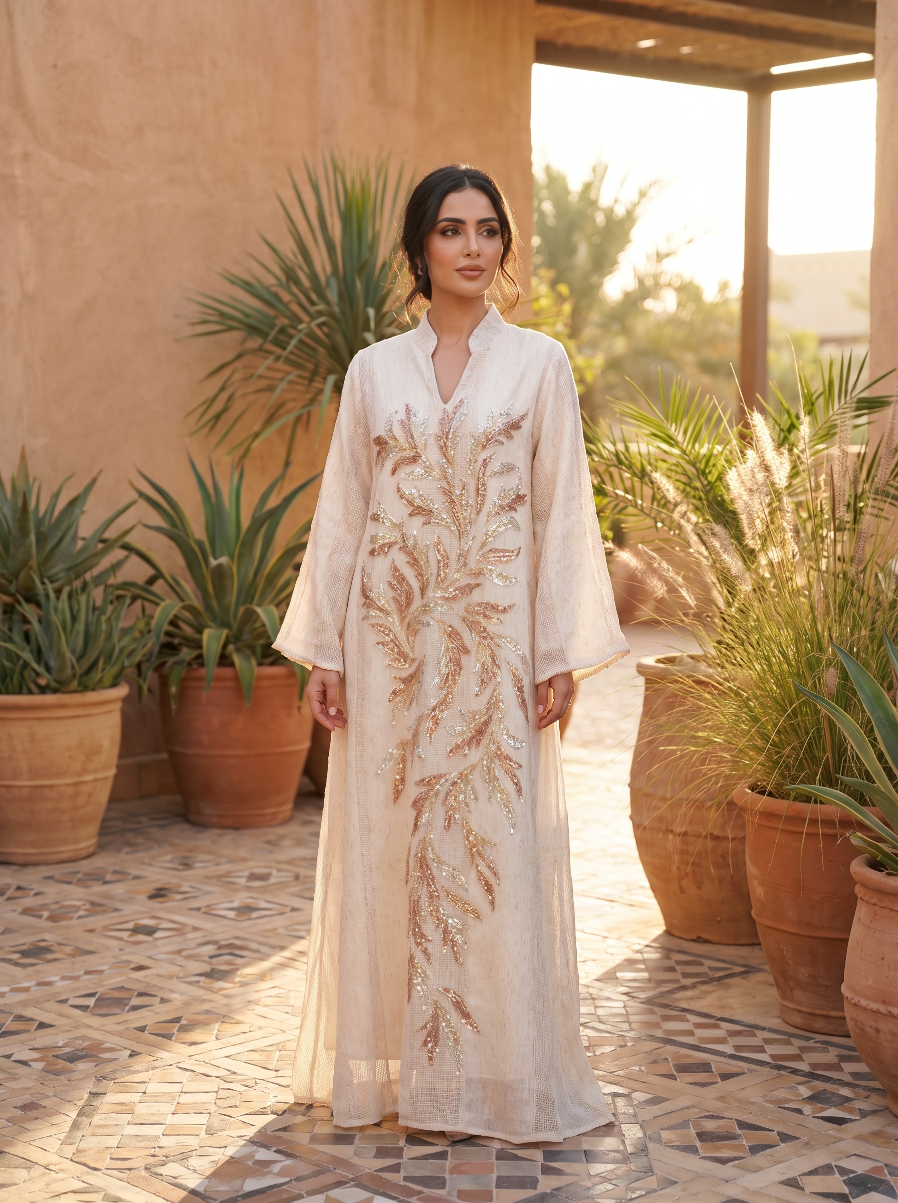 Women's Luxury Embellished Mesh Kaftan Maxi Dress with Sequin Leaf Embroidery