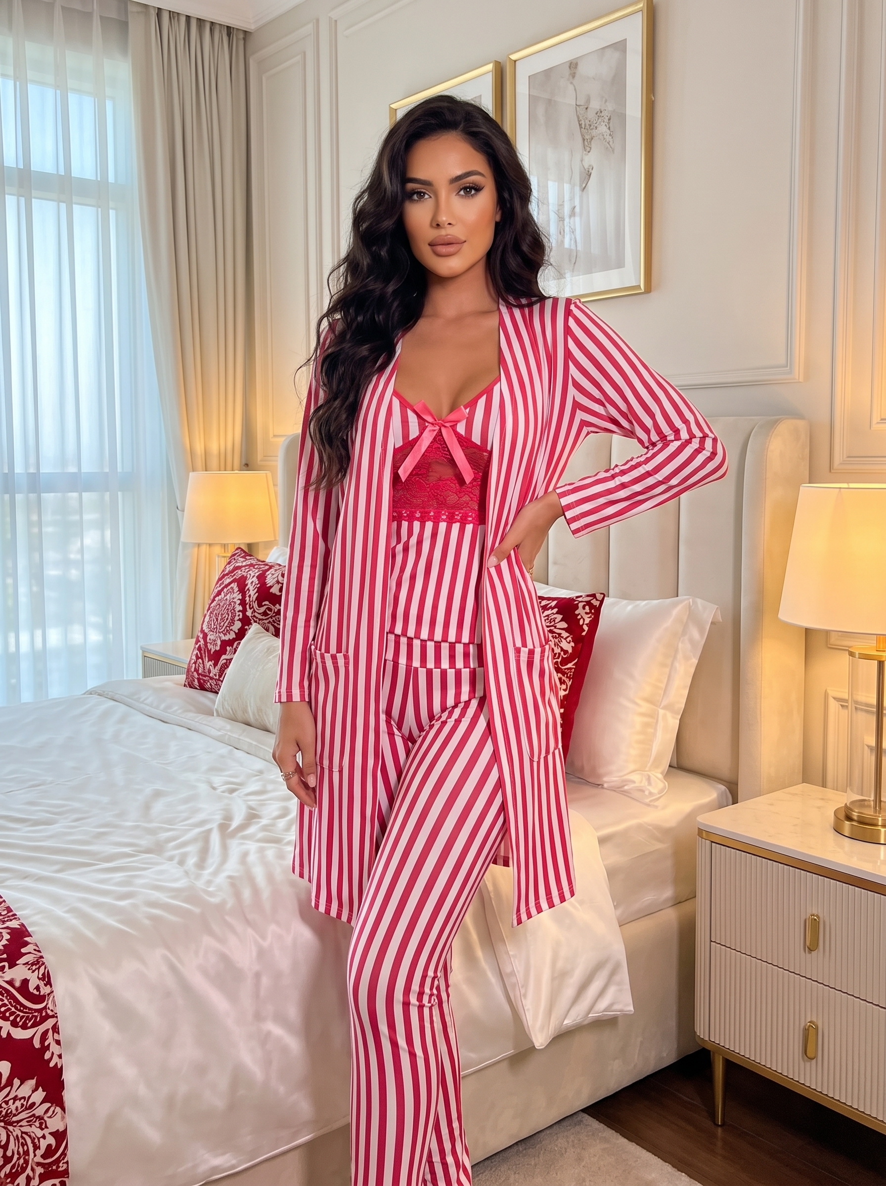 Women’s 5-Piece Nightwear Set – Red & White Striped Viscose with Waist Embroidery