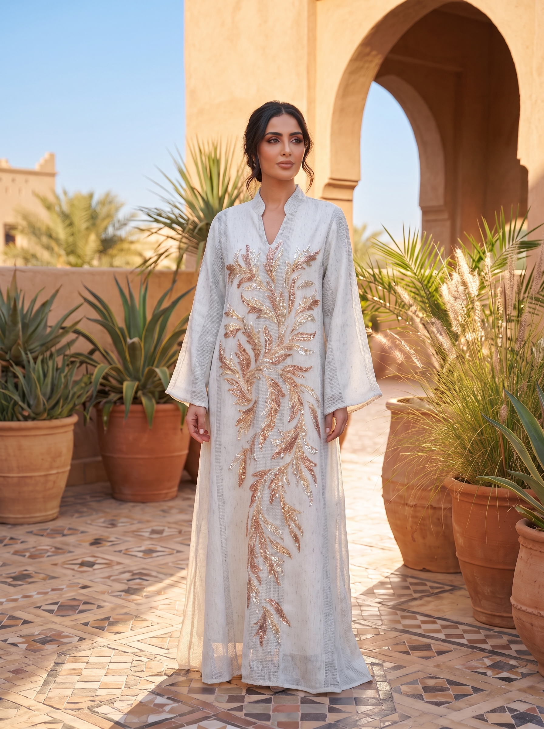 Women's Luxury Embellished Mesh Kaftan Maxi Dress with Sequin Leaf Embroidery