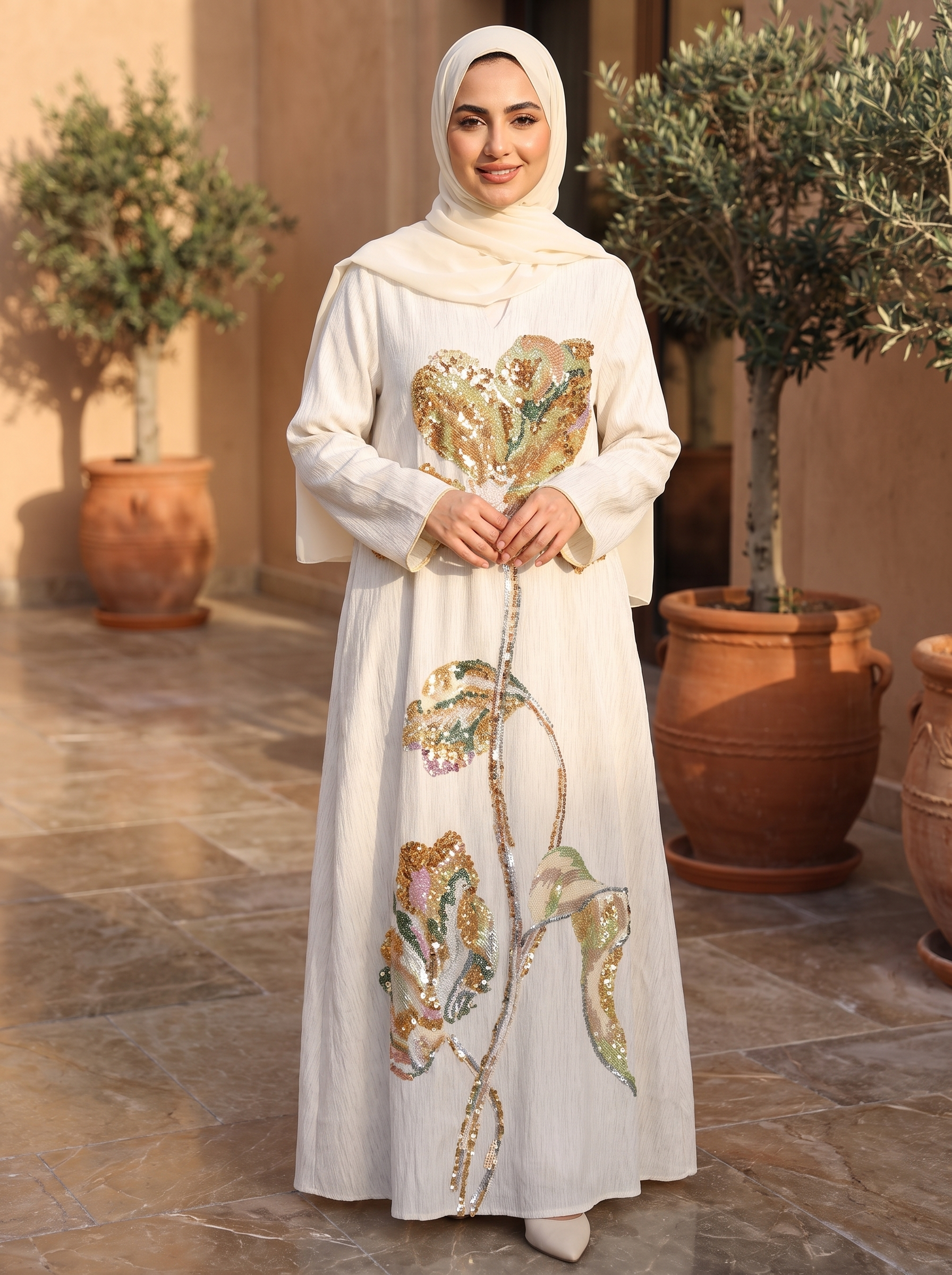 White Jalabiya with Gold Sequin Floral Embroidery | Modest Maxi Dress for Women
