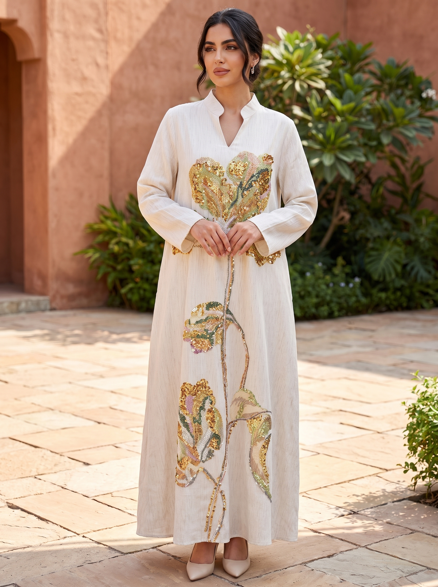 White Jalabiya with Gold Sequin Floral Embroidery | Modest Maxi Dress for Women