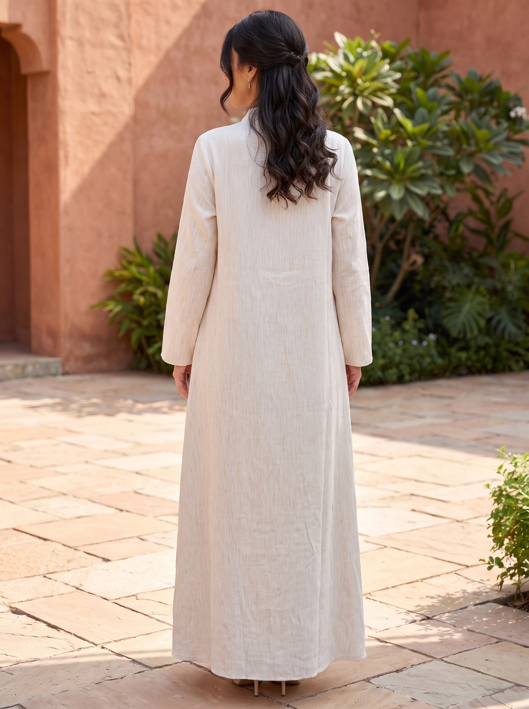 White Jalabiya with Gold Sequin Floral Embroidery | Modest Maxi Dress for Women
