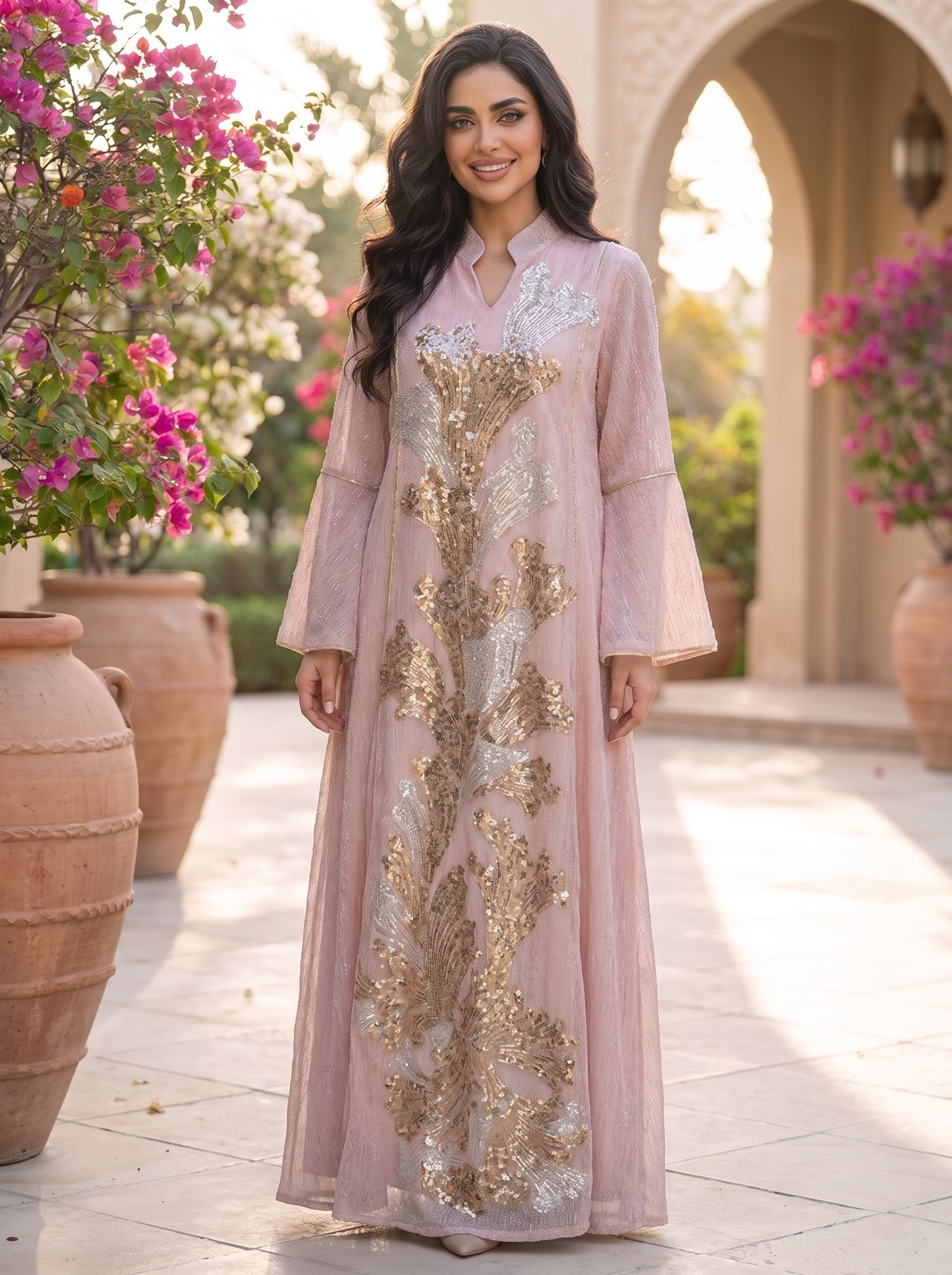 Shimmer Jalabiya with Black & Golden Sequin Floral Embroidery | Modest Maxi Dress