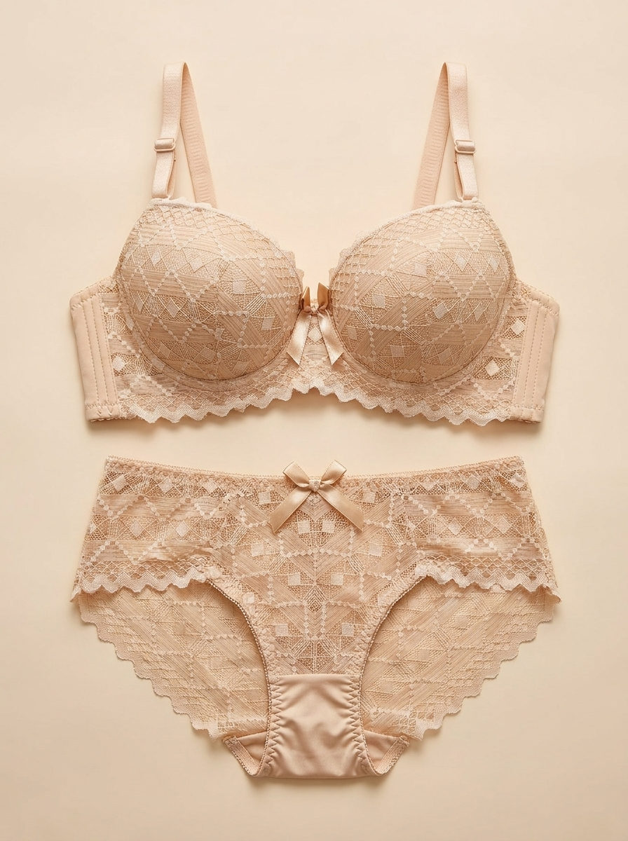 Women's Lace Underwire Bra and Matching Panty Lingerie Set – Sheer Leaf Motif Bralette & Briefs