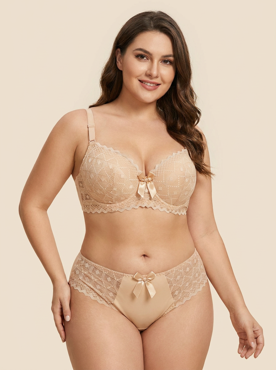 Women's Lace Underwire Bra and Matching Panty Lingerie Set – Sheer Leaf Motif Bralette & Briefs