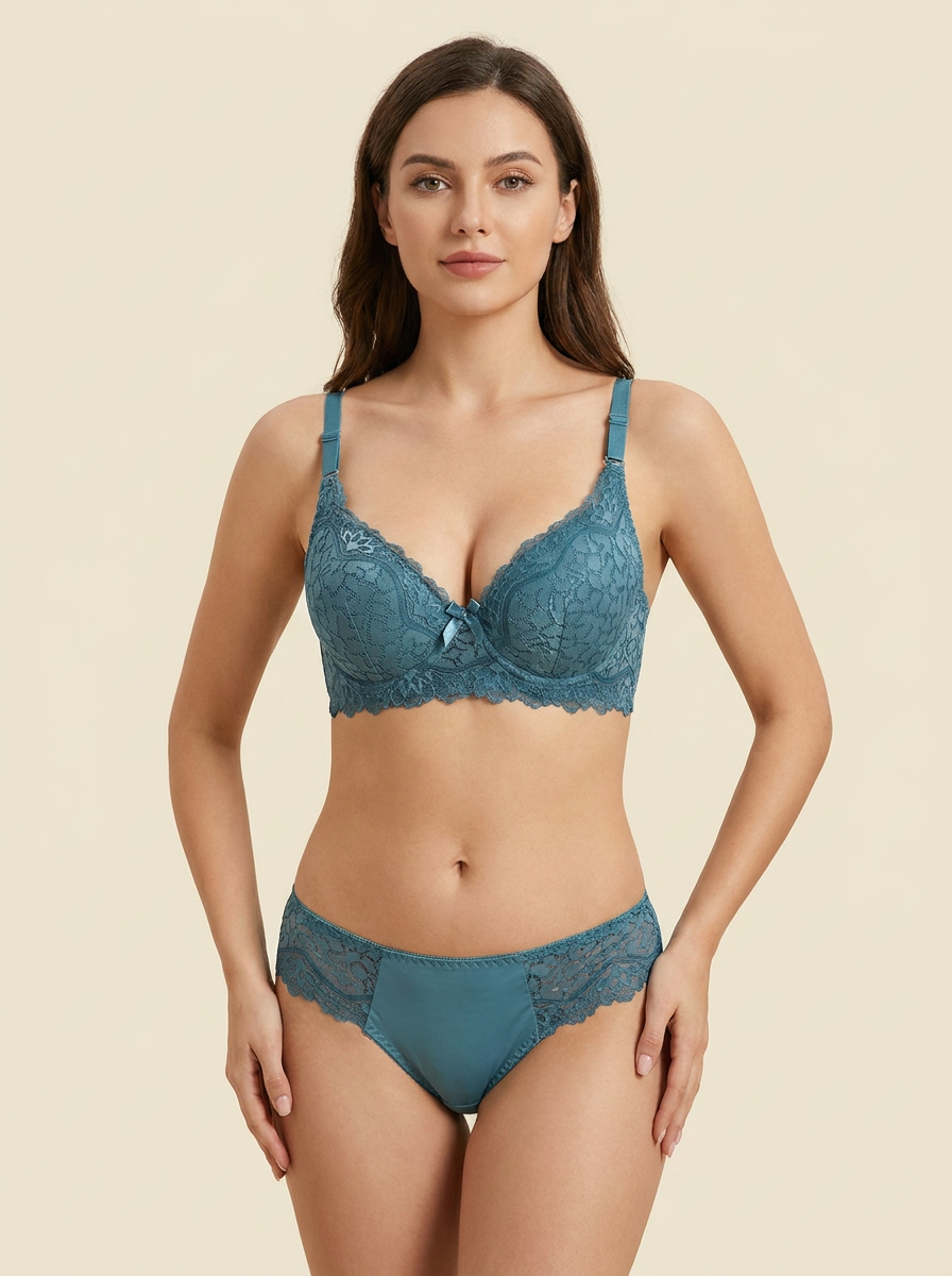 Women's Lace Bra & Panty Set – Full Coverage Underwire Lingerie Set