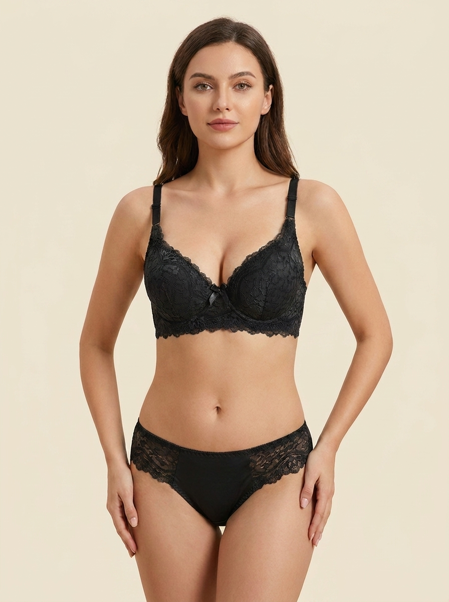 Women's Lace Bra & Panty Set – Full Coverage Underwire Lingerie Set