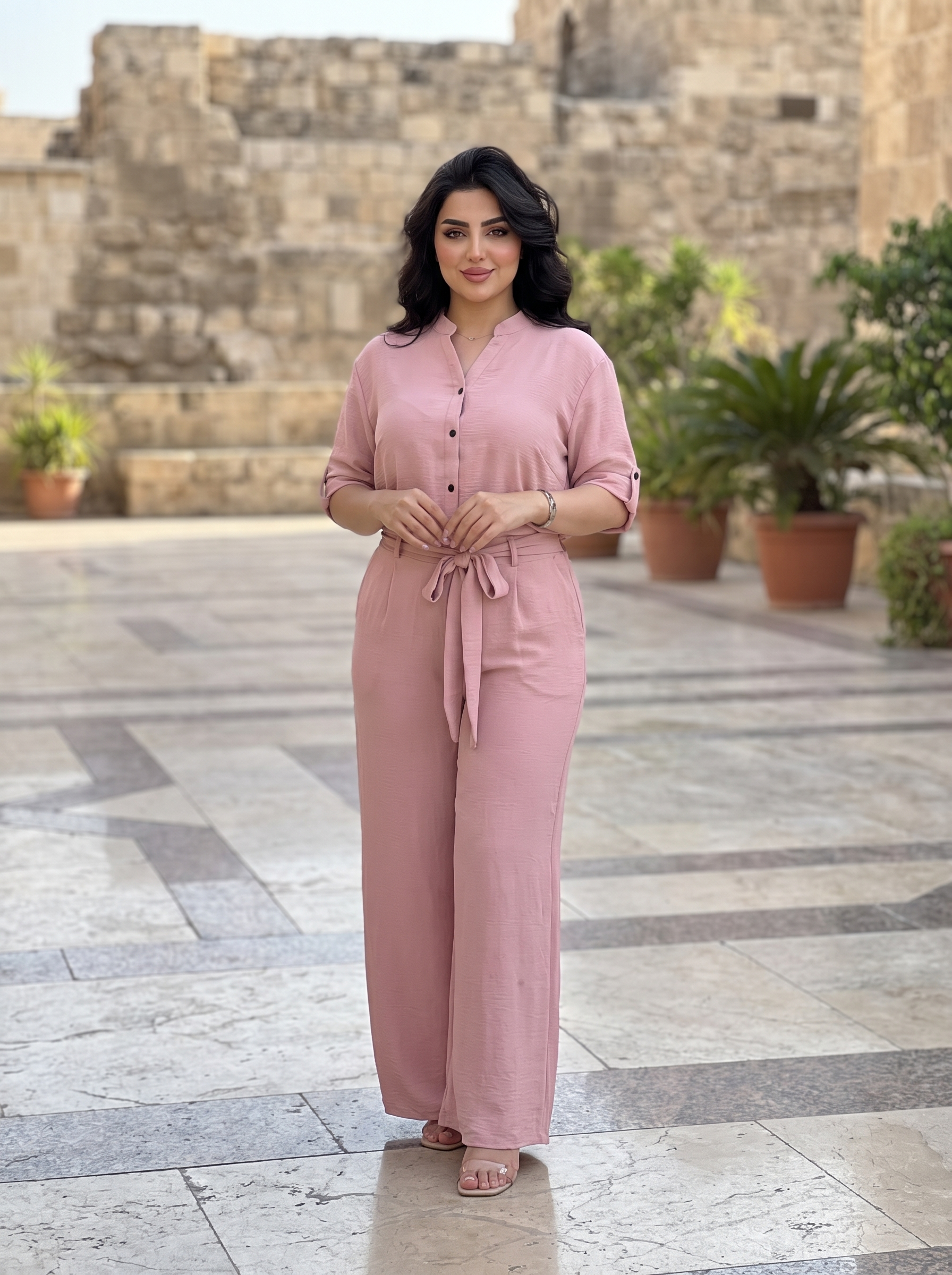 Women's Modest Belted Wide Leg Jumpsuit – Casual Short Sleeve One-Piece Outfit