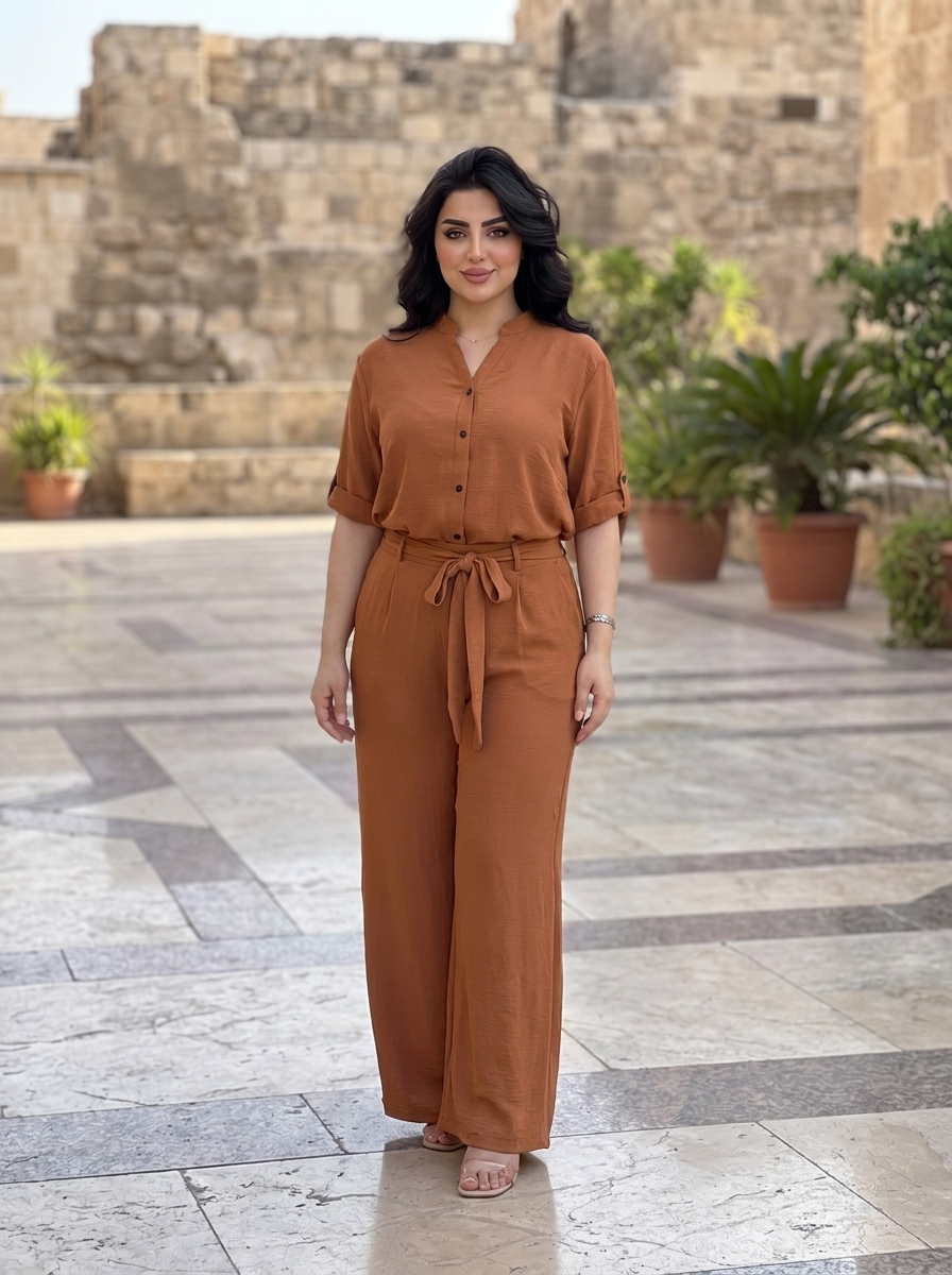 Women's Modest Belted Wide Leg Jumpsuit – Casual Short Sleeve One-Piece Outfit