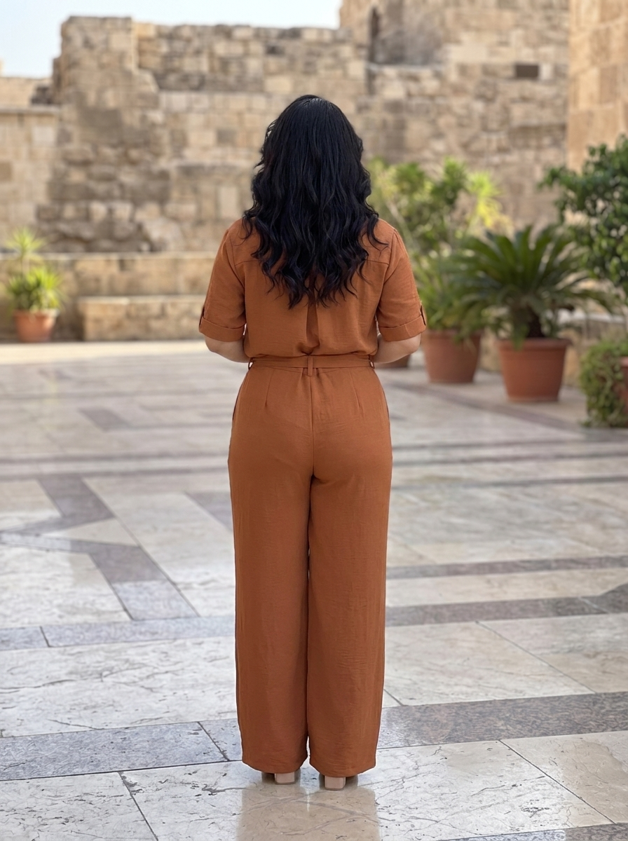 Women's Modest Belted Wide Leg Jumpsuit – Casual Short Sleeve One-Piece Outfit