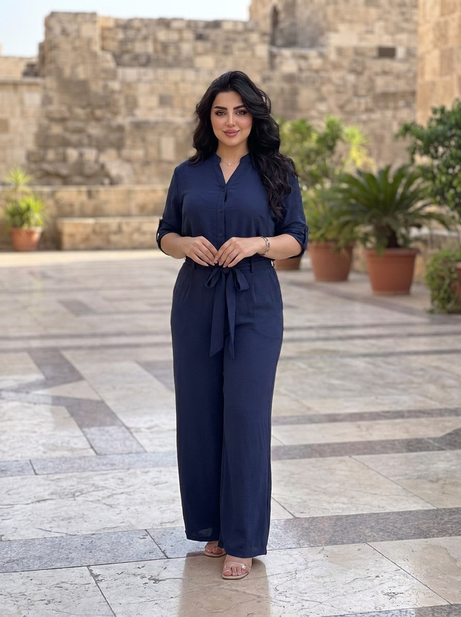 Women's Modest Belted Wide Leg Jumpsuit – Casual Short Sleeve One-Piece Outfit