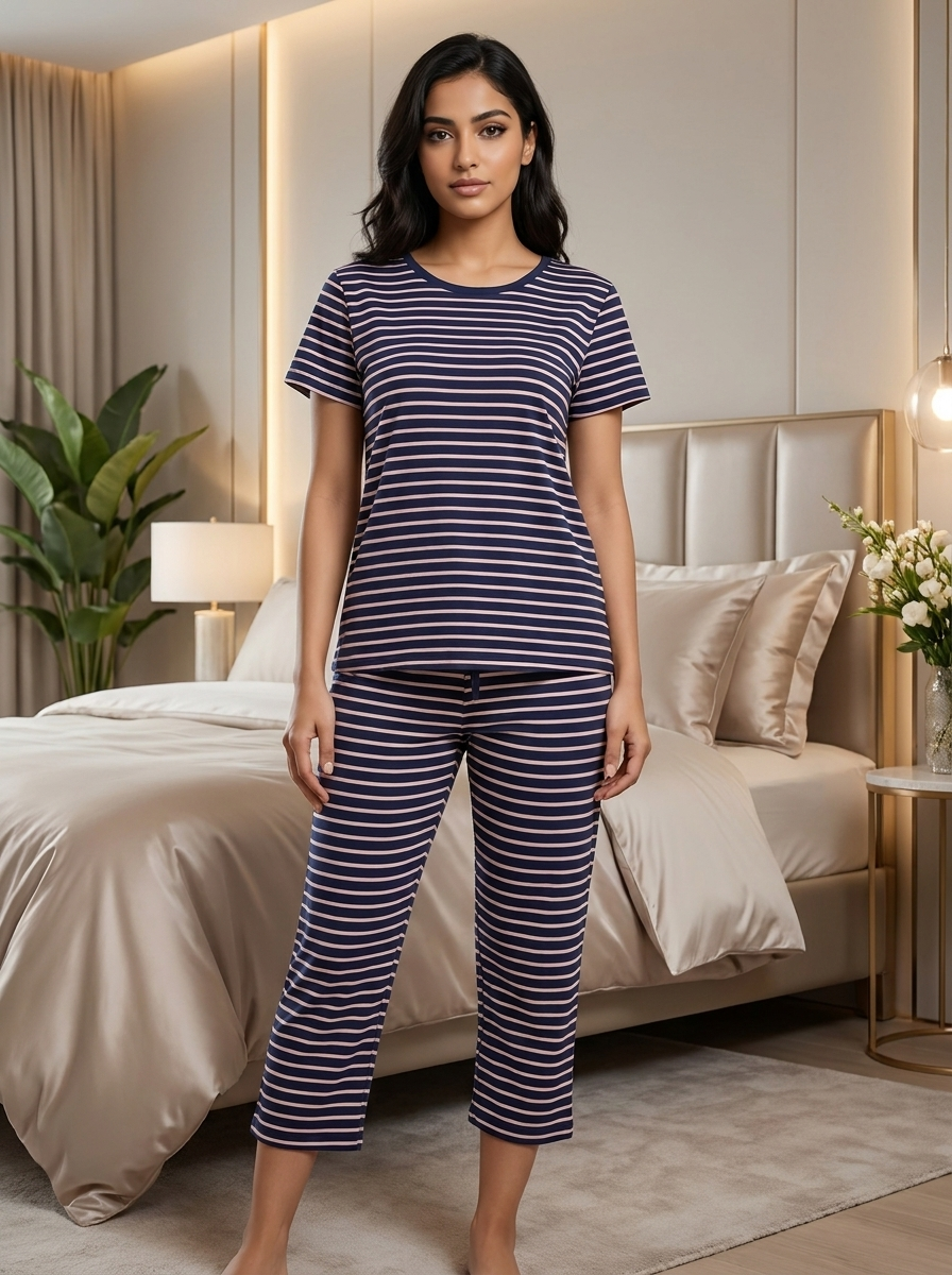 Women’s Striped Cropped Pajama Set – Navy & Pink Short Sleeve Tee and Capri Pants Loungewear