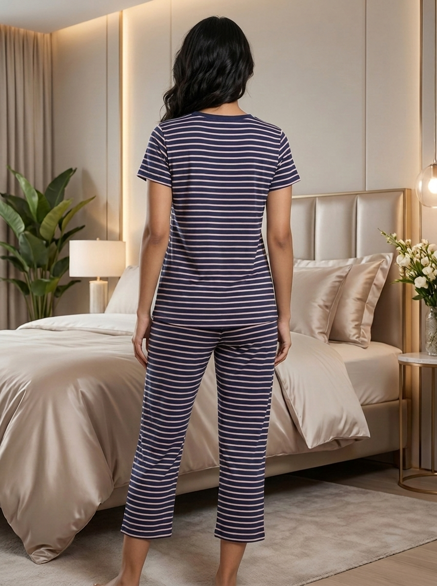 Women’s Striped Cropped Pajama Set – Navy & Pink Short Sleeve Tee and Capri Pants Loungewear