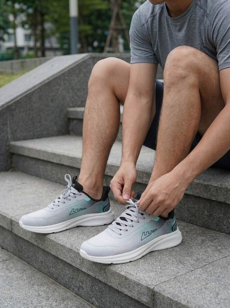 Men’s Performance Running Sneakers – Breathable Grey and Teal Gradient Athletic Training Shoes