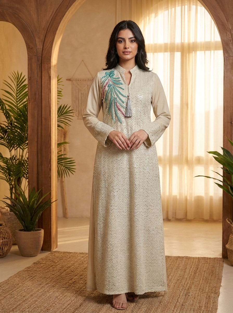 Women’s Embroidered V-Neck Kaftan Tunic – Elegant Long-Sleeve Maxi Dress with Tassel Detail