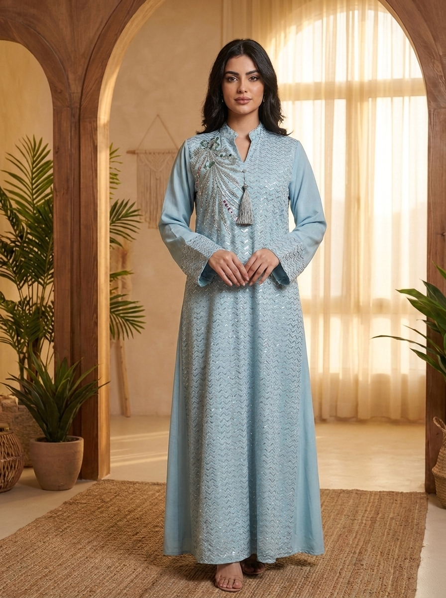 Women's Embroidered V-Neck Kaftan Tunic – Elegant Long-Sleeve Maxi Dre – FineLook