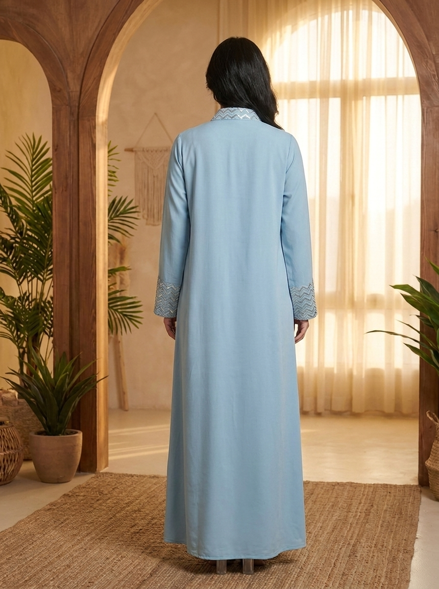 Women’s Embroidered V-Neck Kaftan Tunic – Elegant Long-Sleeve Maxi Dress with Tassel Detail
