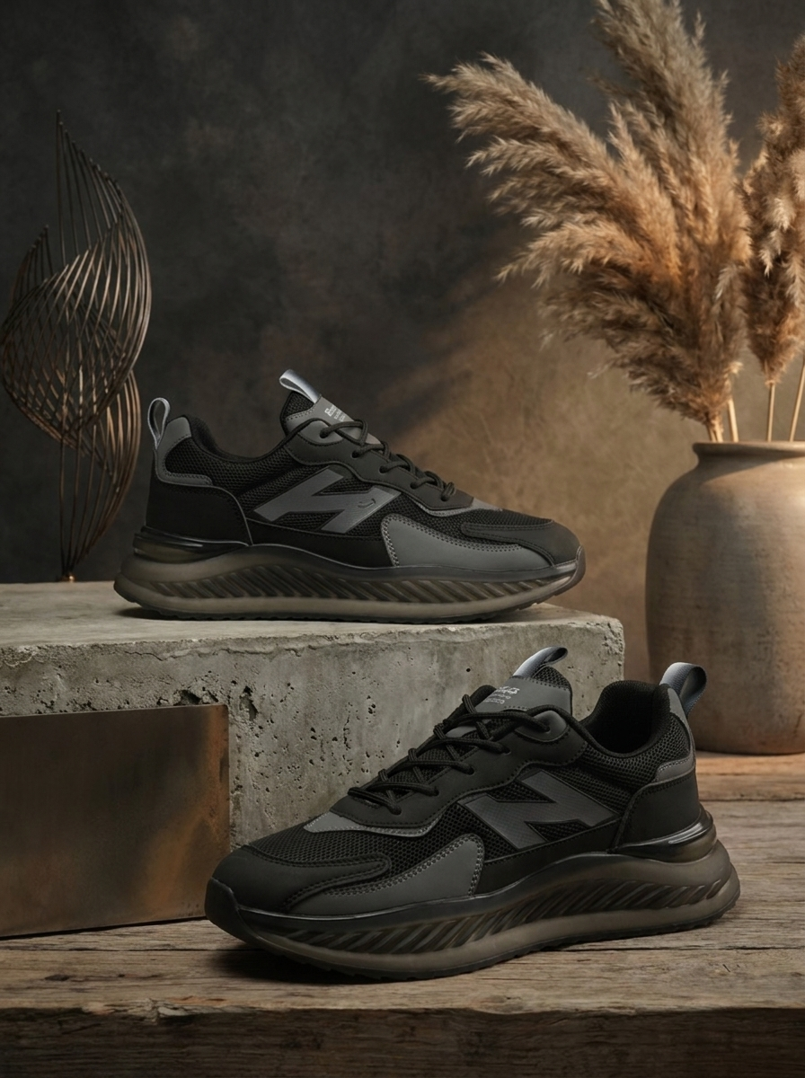 Men’s Triple Black Performance Sneakers – Breathable Mesh Cushion-Sole Athletic Shoes