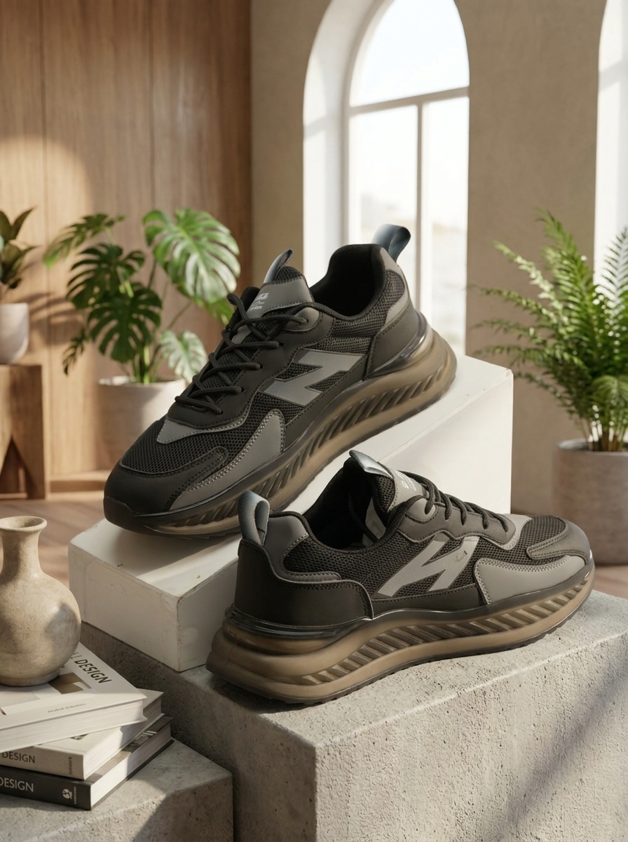 Men’s Triple Black Performance Sneakers – Breathable Mesh Cushion-Sole Athletic Shoes
