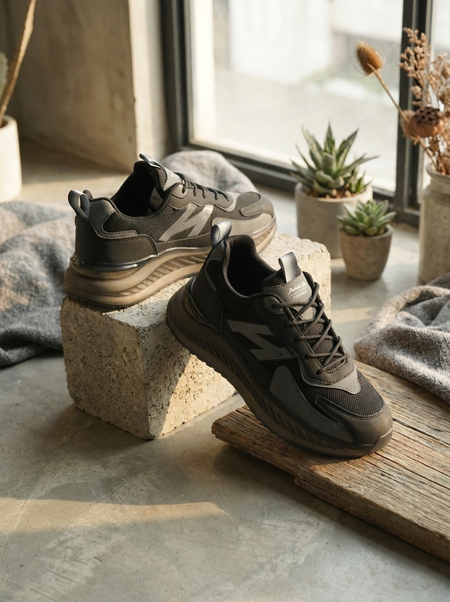 Men’s Triple Black Performance Sneakers – Breathable Mesh Cushion-Sole Athletic Shoes