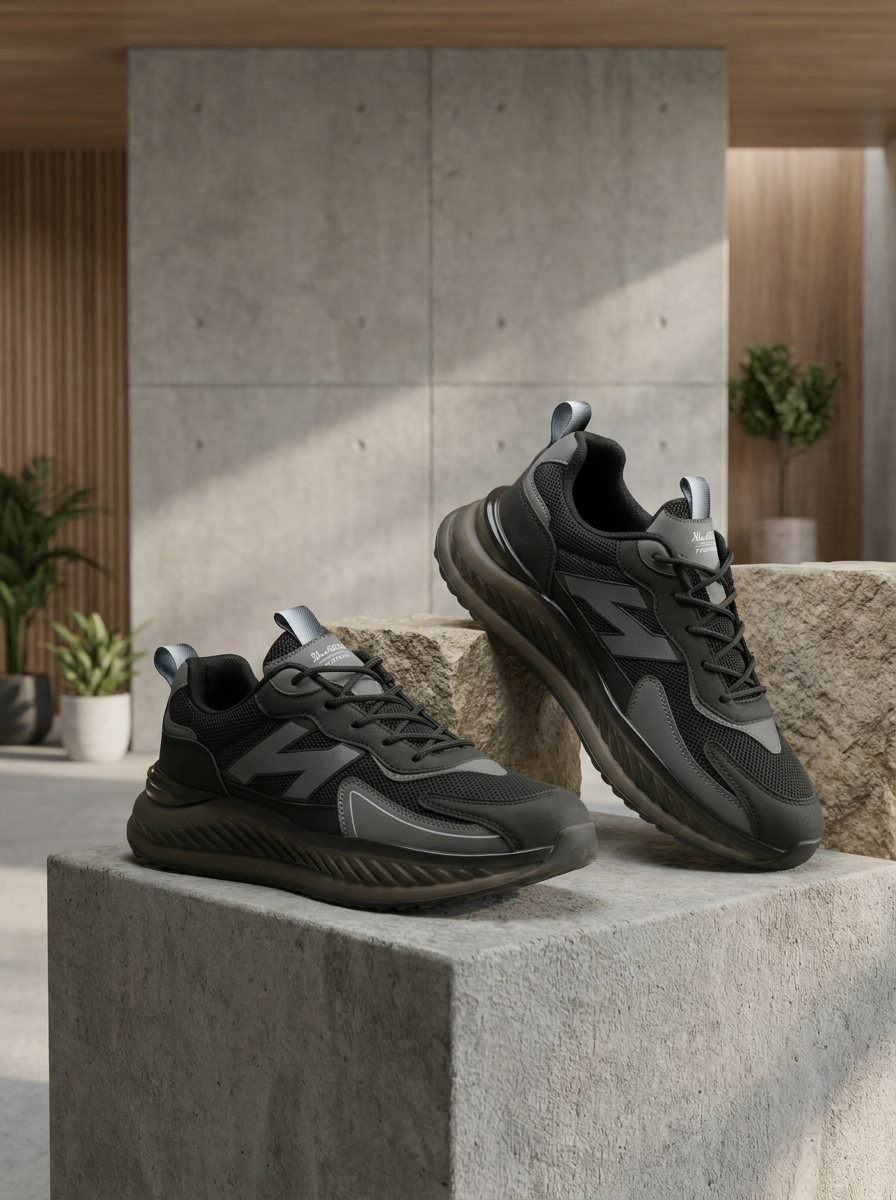 Men’s Triple Black Performance Sneakers – Breathable Mesh Cushion-Sole Athletic Shoes