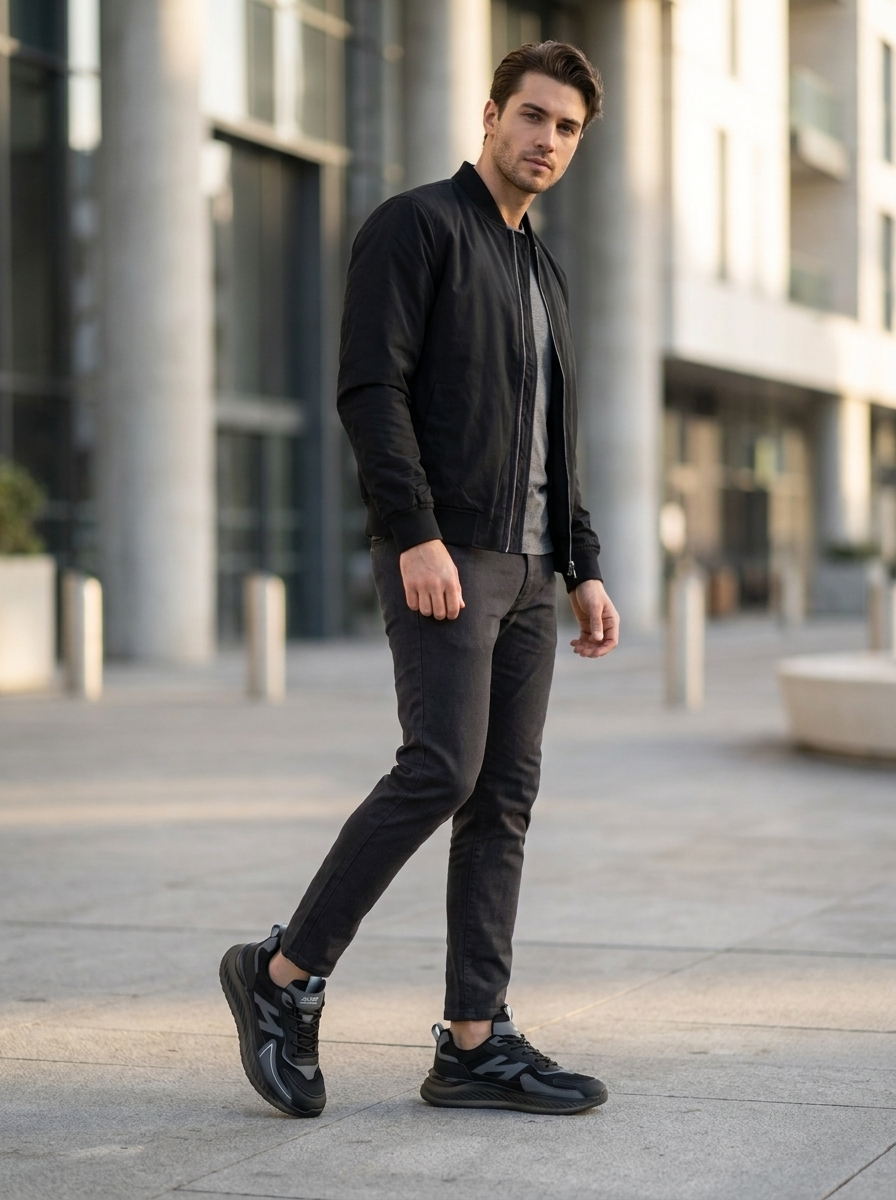 Men’s Triple Black Performance Sneakers – Breathable Mesh Cushion-Sole Athletic Shoes