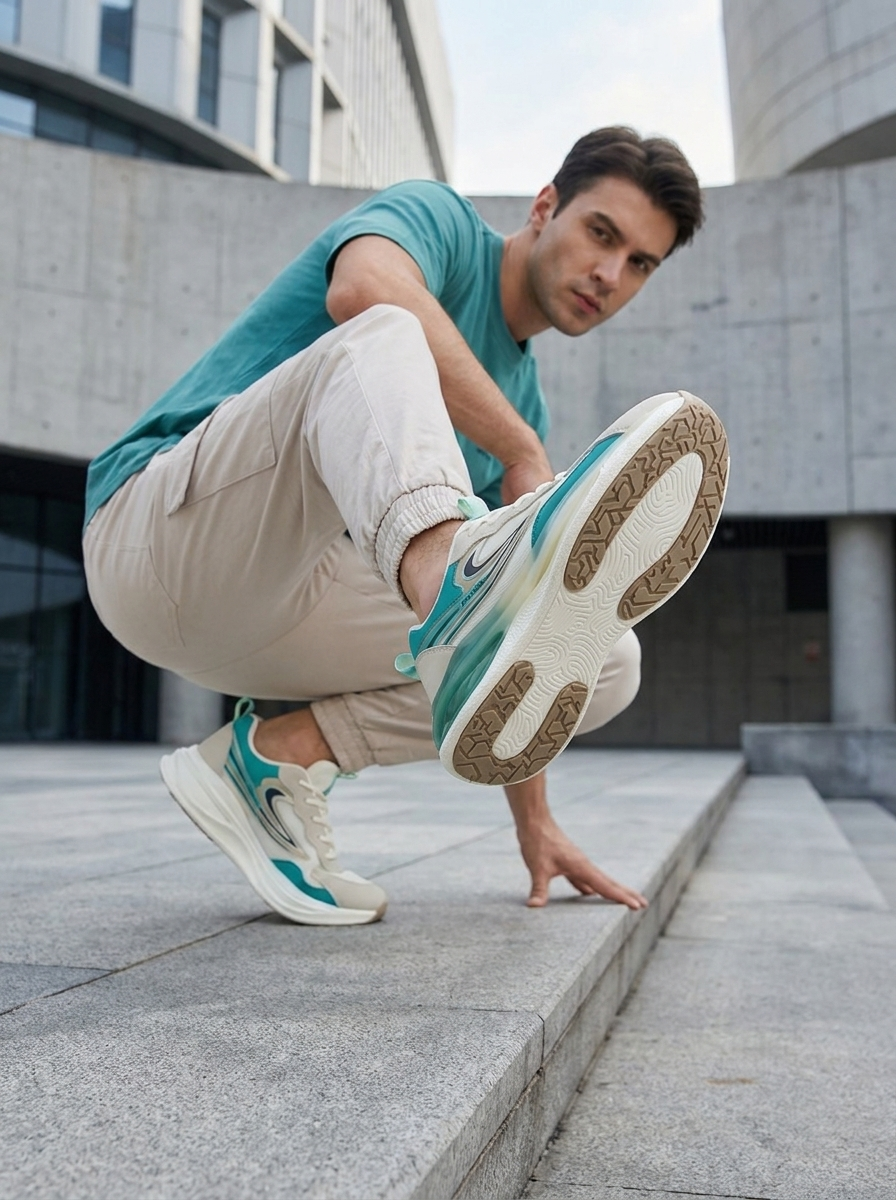 Men’s Performance Cushioned Running Shoes – Breathable Cream & Mint Teal Athletic Training Sneakers