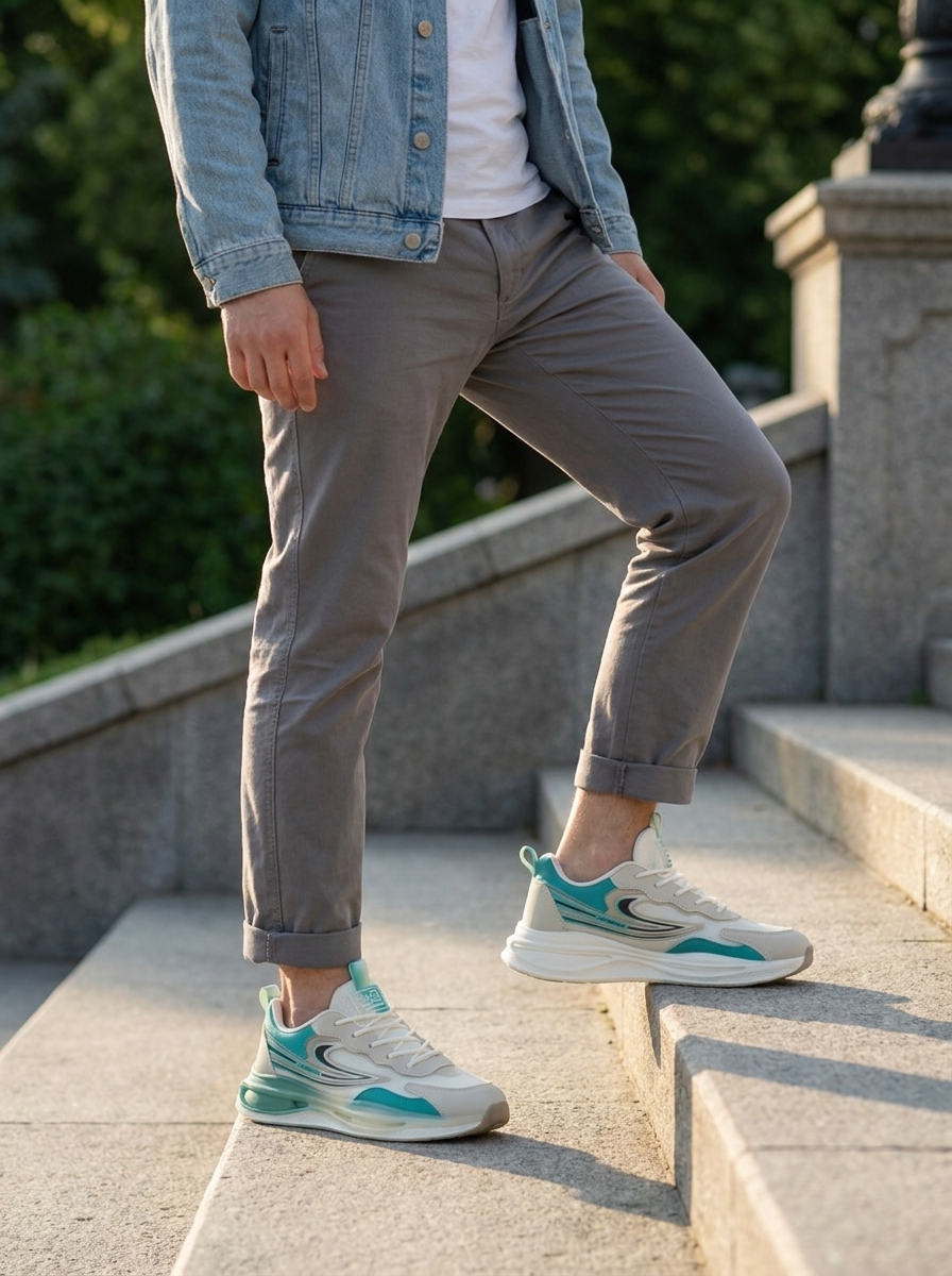 Men’s Performance Cushioned Running Shoes – Breathable Cream & Mint Teal Athletic Training Sneakers