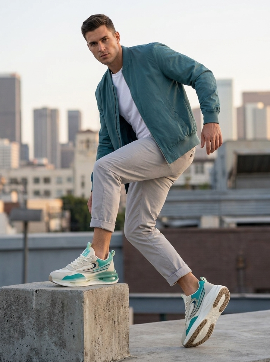 Men’s Performance Cushioned Running Shoes – Breathable Cream & Mint Teal Athletic Training Sneakers
