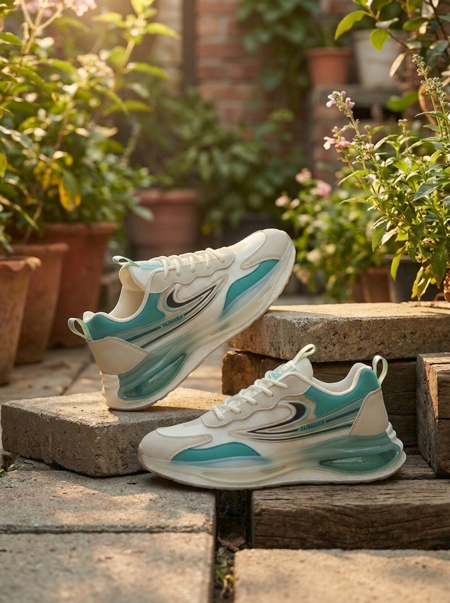Men’s Performance Cushioned Running Shoes – Breathable Cream & Mint Teal Athletic Training Sneakers