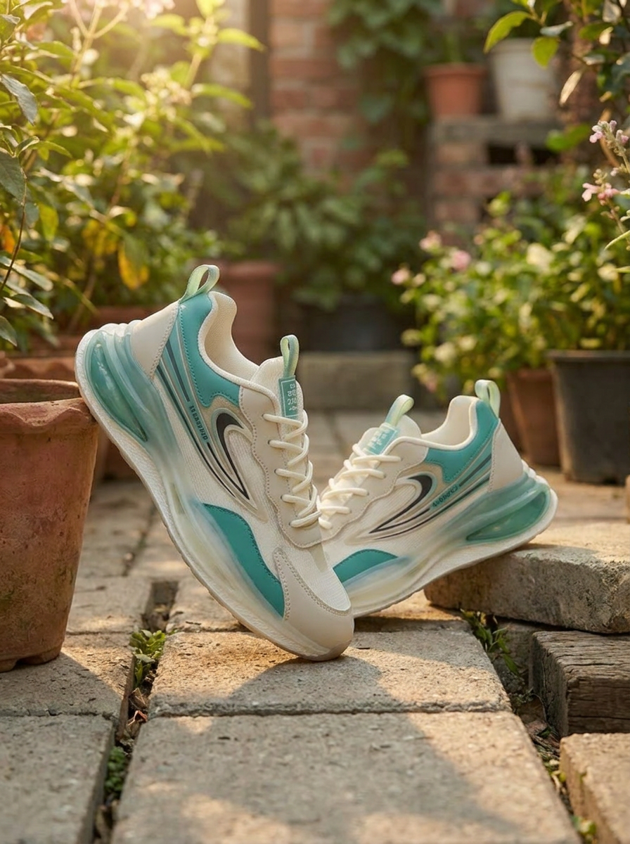 Men’s Performance Cushioned Running Shoes – Breathable Cream & Mint Teal Athletic Training Sneakers