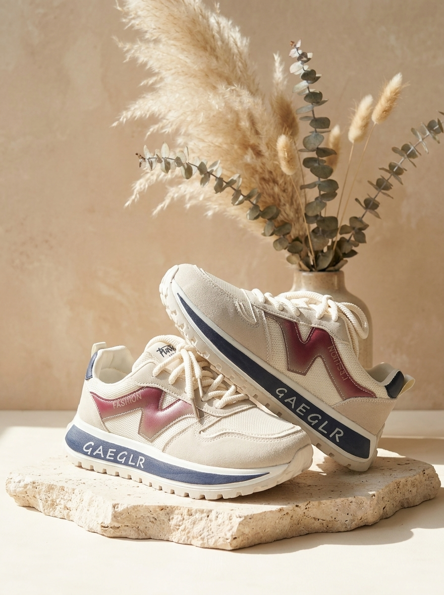 Women’s Retro Platform Sneakers – Breathable Cream Mesh & Red Heritage Joggers