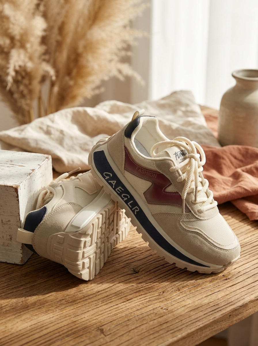 Women’s Retro Platform Sneakers – Breathable Cream Mesh & Red Heritage Joggers