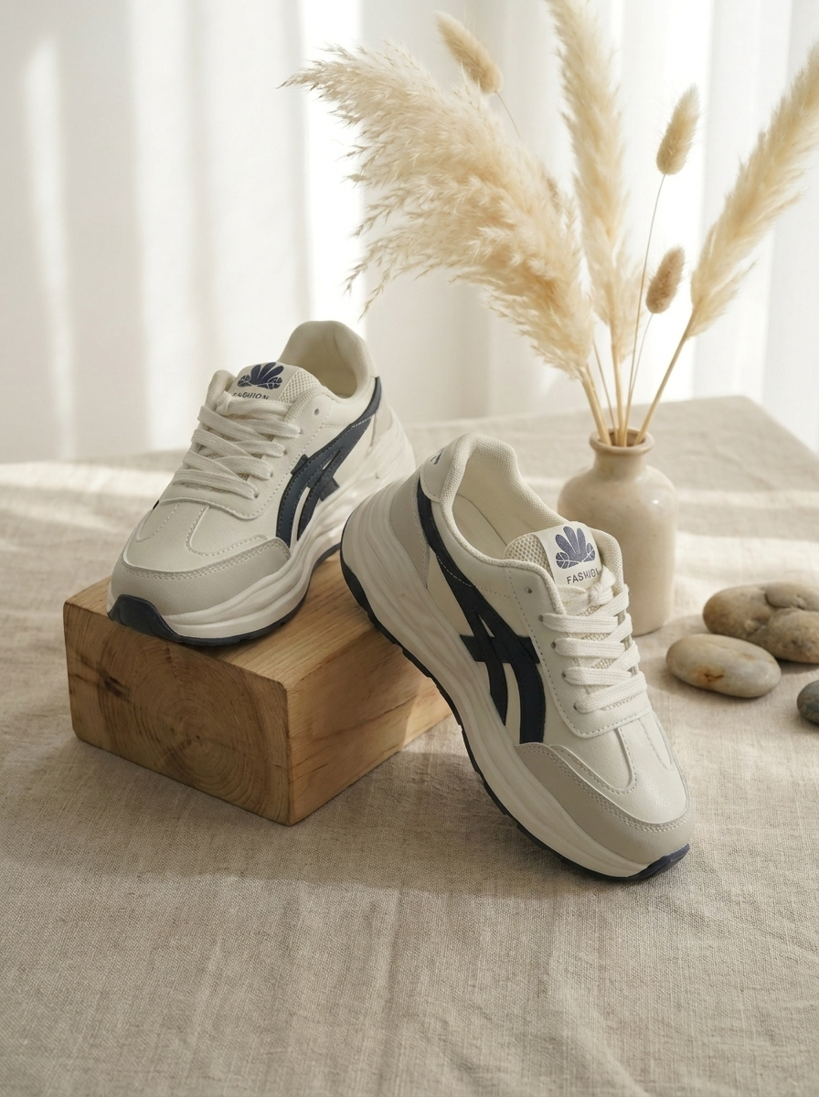 Women’s Vintage-Inspired Platform Sneakers – Retro Off-White & Navy Blue Casual Chunky Trainers