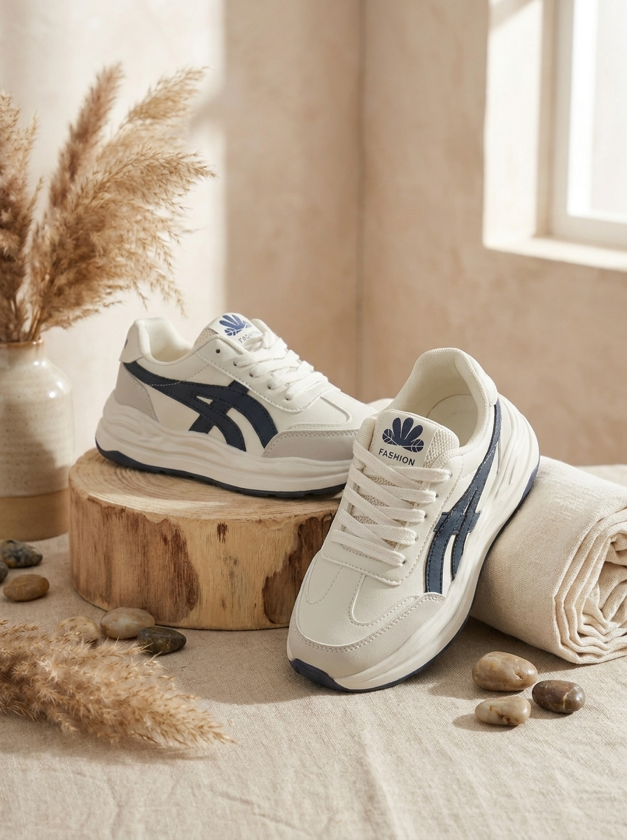 Women’s Vintage-Inspired Platform Sneakers – Retro Off-White & Navy Blue Casual Chunky Trainers
